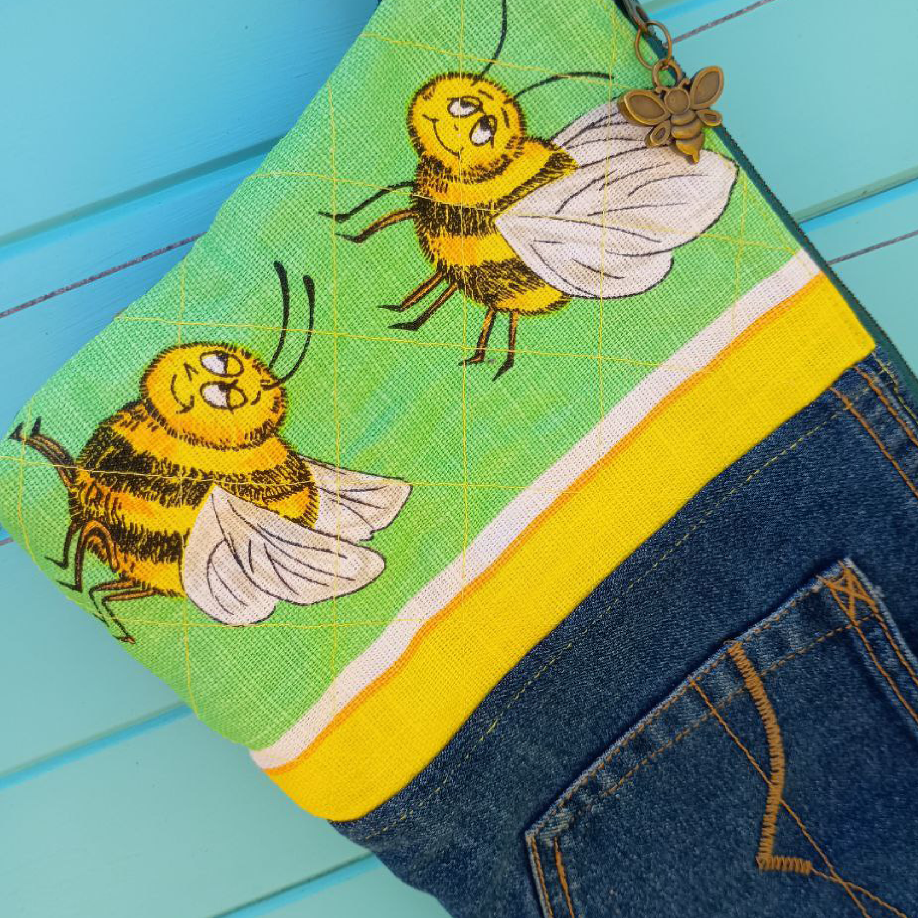 Sweet Sting Pouch Cosmetic Everyday Bag Upcycled Vintage Fabrics & Denim
