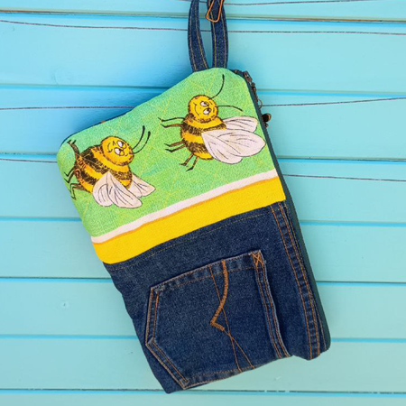 Sweet Sting Pouch Cosmetic Everyday Bag Upcycled Vintage Fabrics & Denim