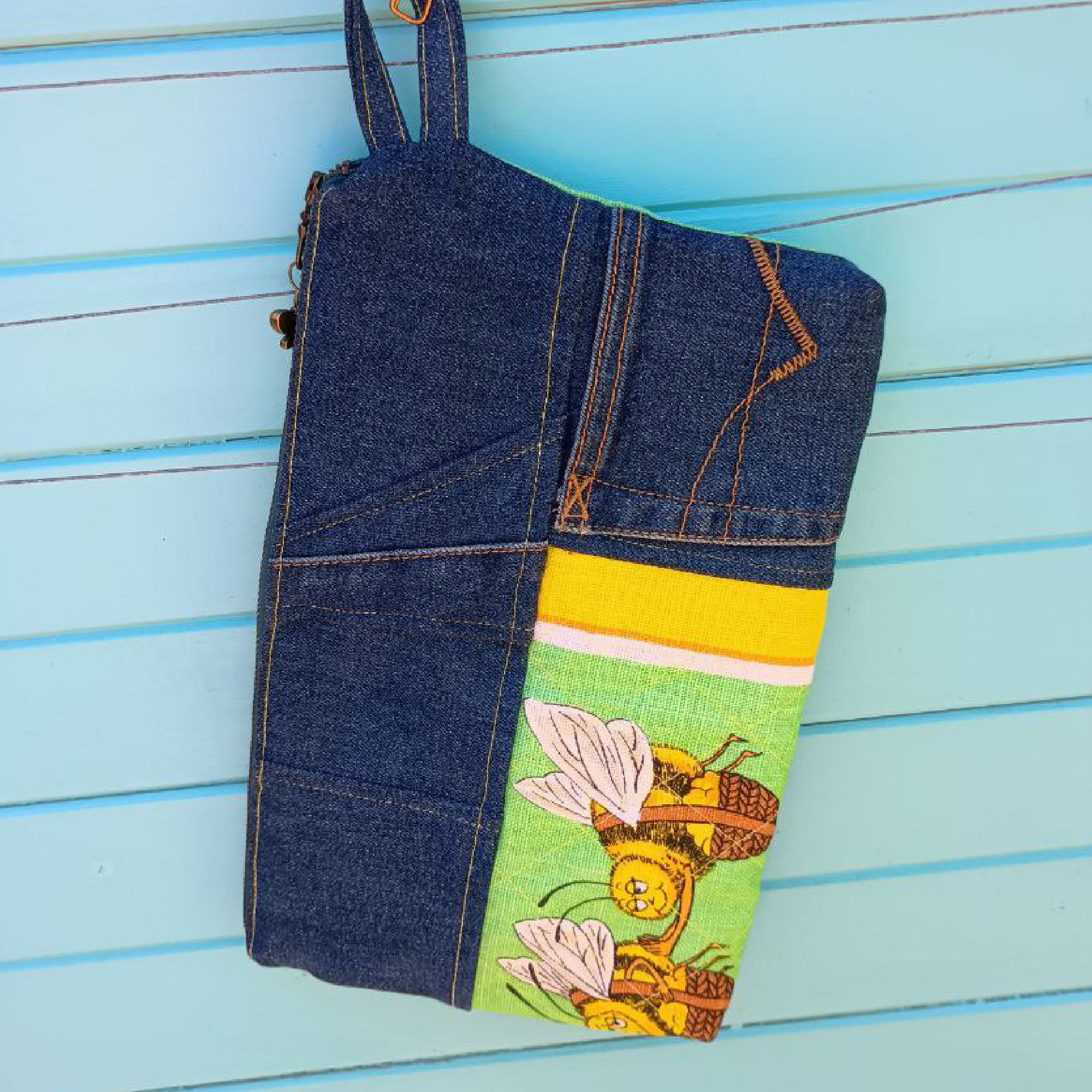 Sweet Sting Pouch Cosmetic Everyday Bag Upcycled Vintage Fabrics & Denim