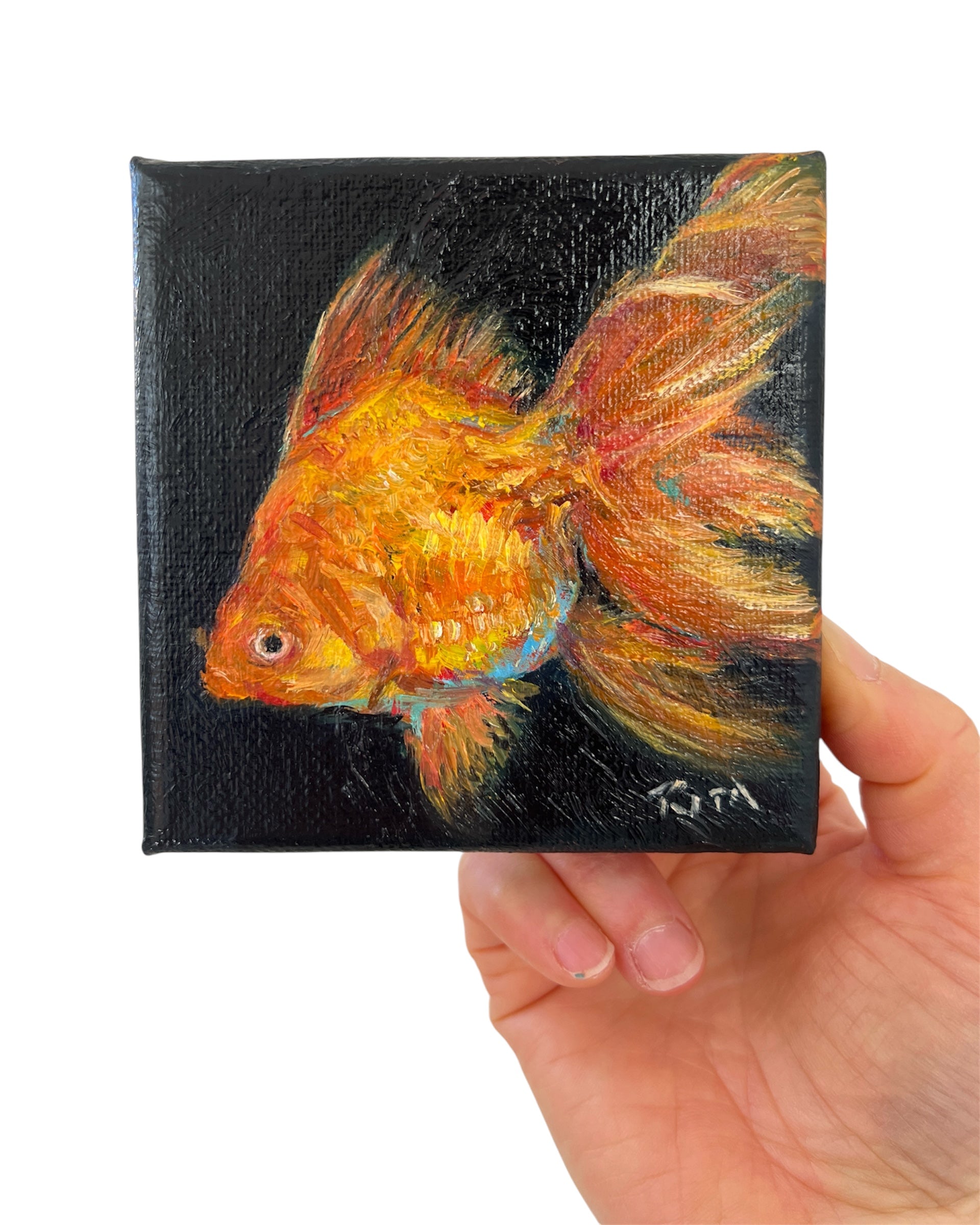 Mini Goldfish Oil Painting, Original Fish Artwork, Small Animal Painting Art Gift