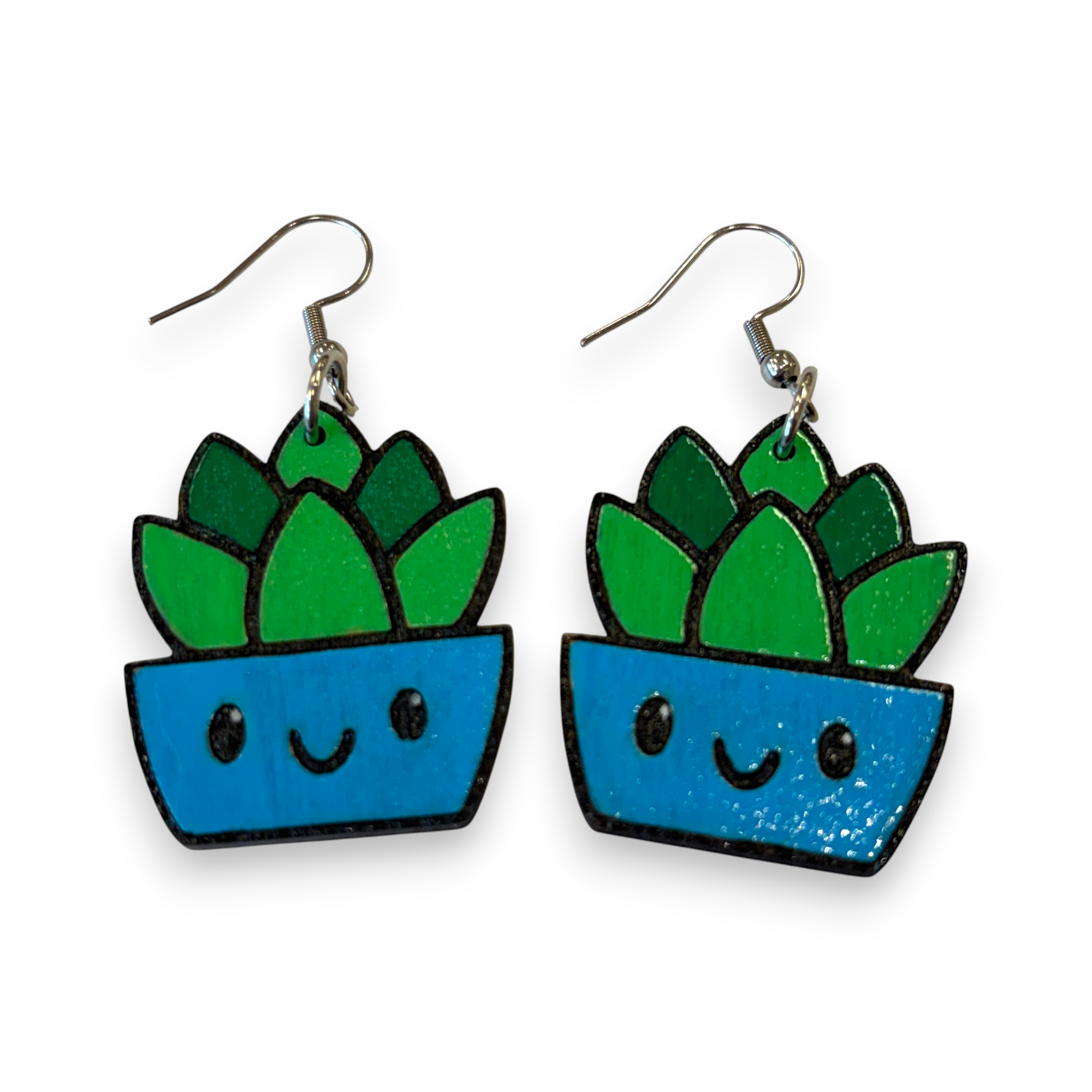 Wooden pot plant earrings - succulent, hand painted