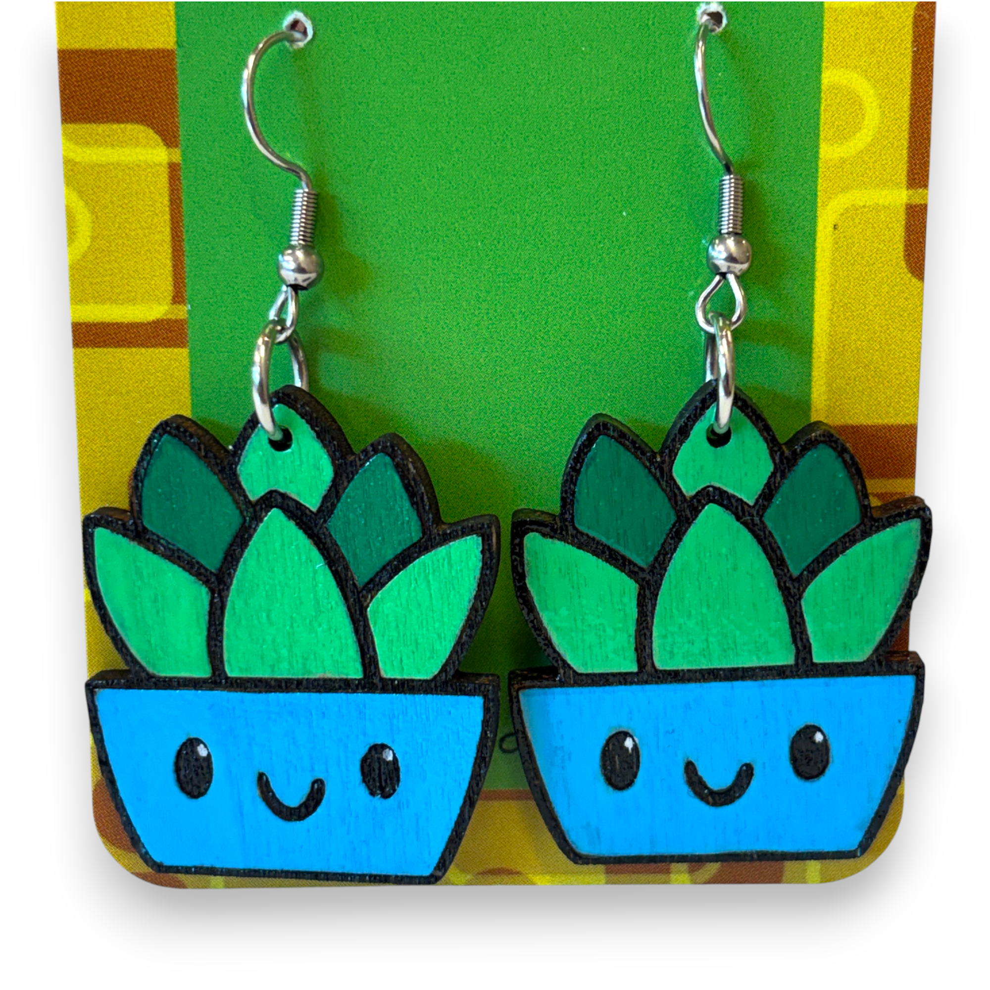 Wooden pot plant earrings - succulent, hand painted
