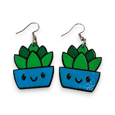 Wooden pot plant earrings - succulent, hand painted