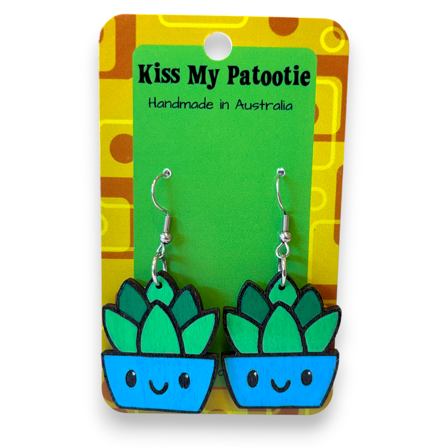 Wooden pot plant earrings - succulent, hand painted