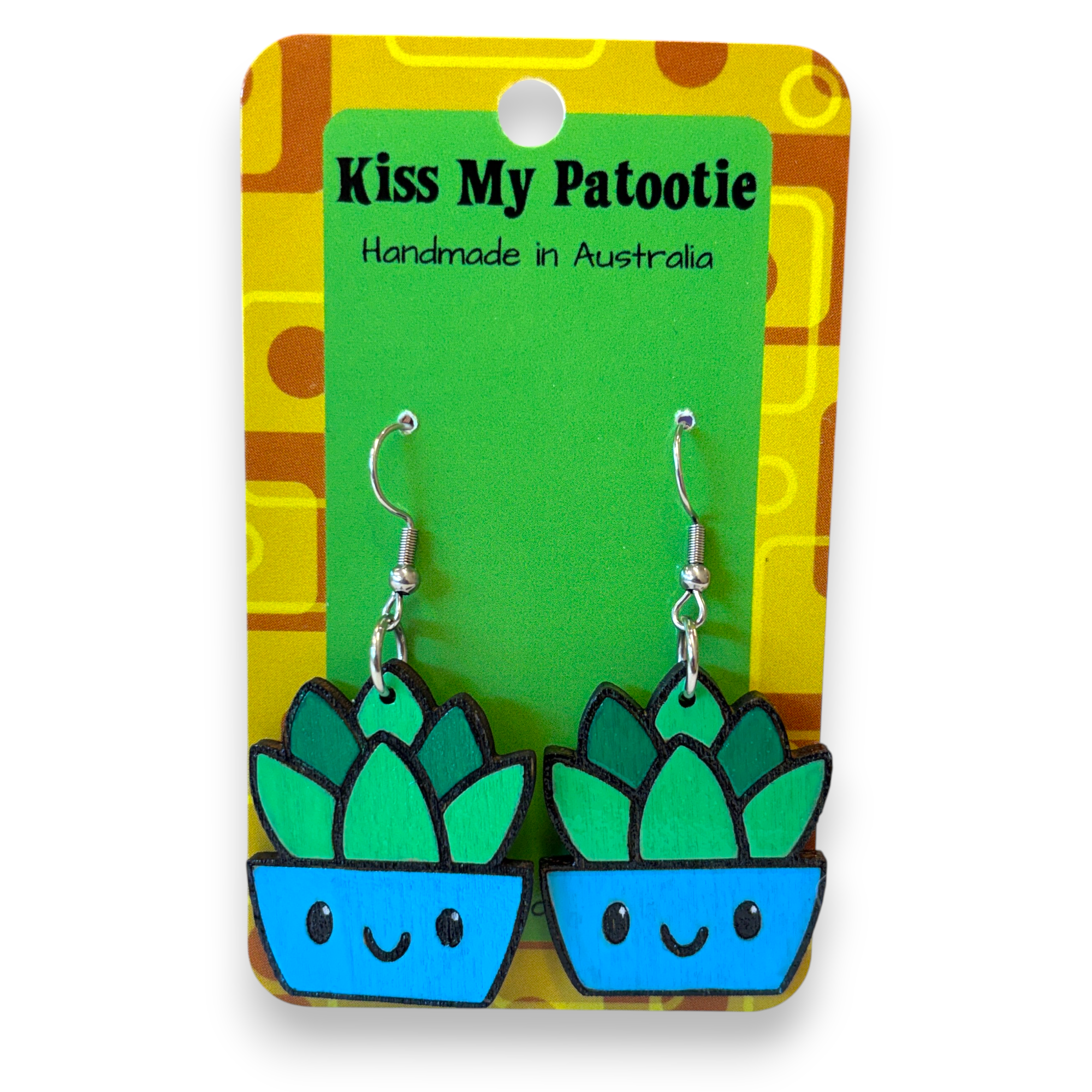 Wooden pot plant earrings - succulent, hand painted