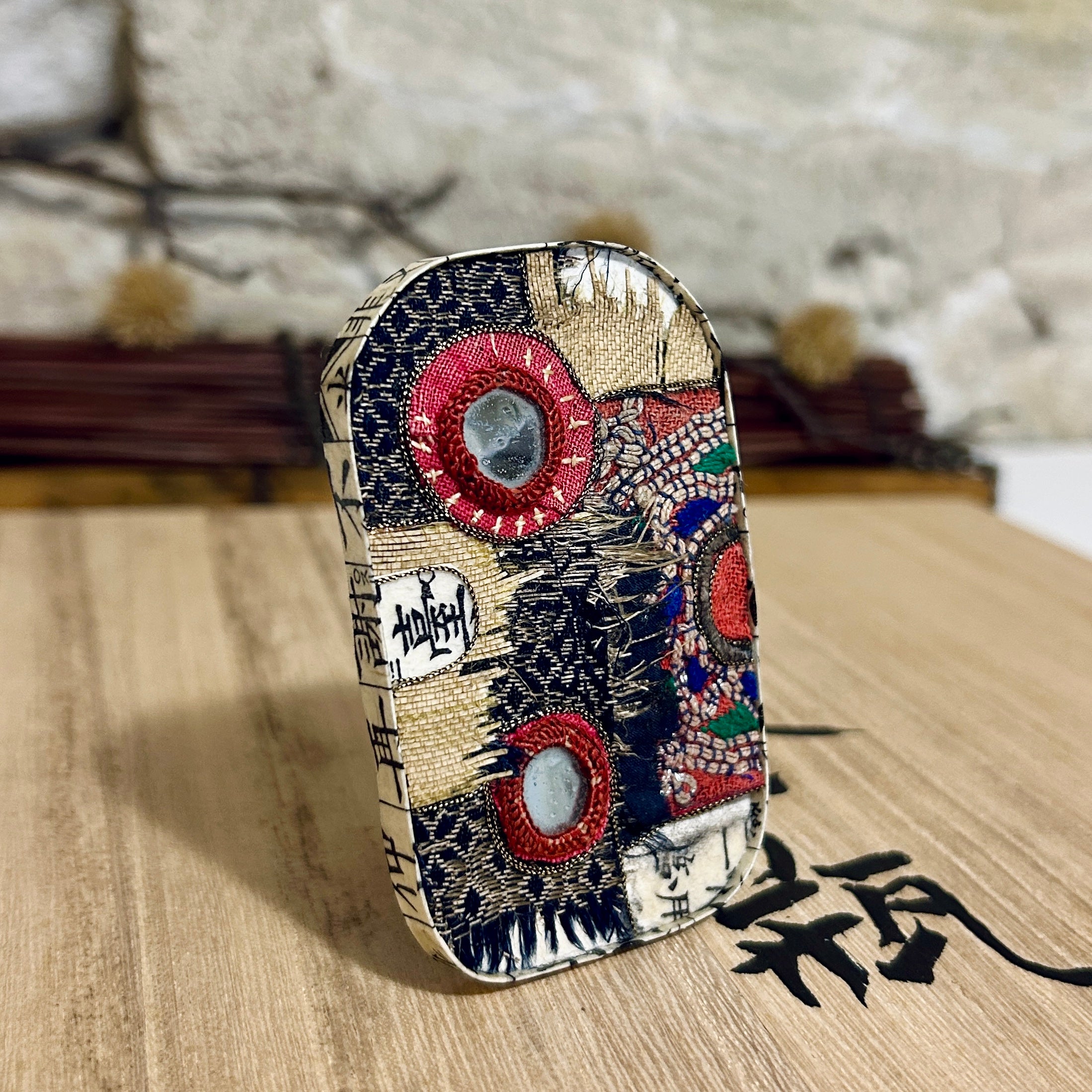 Large Antique Textile Pendant Necklace Brooch: 5.5cm x 8.5cm