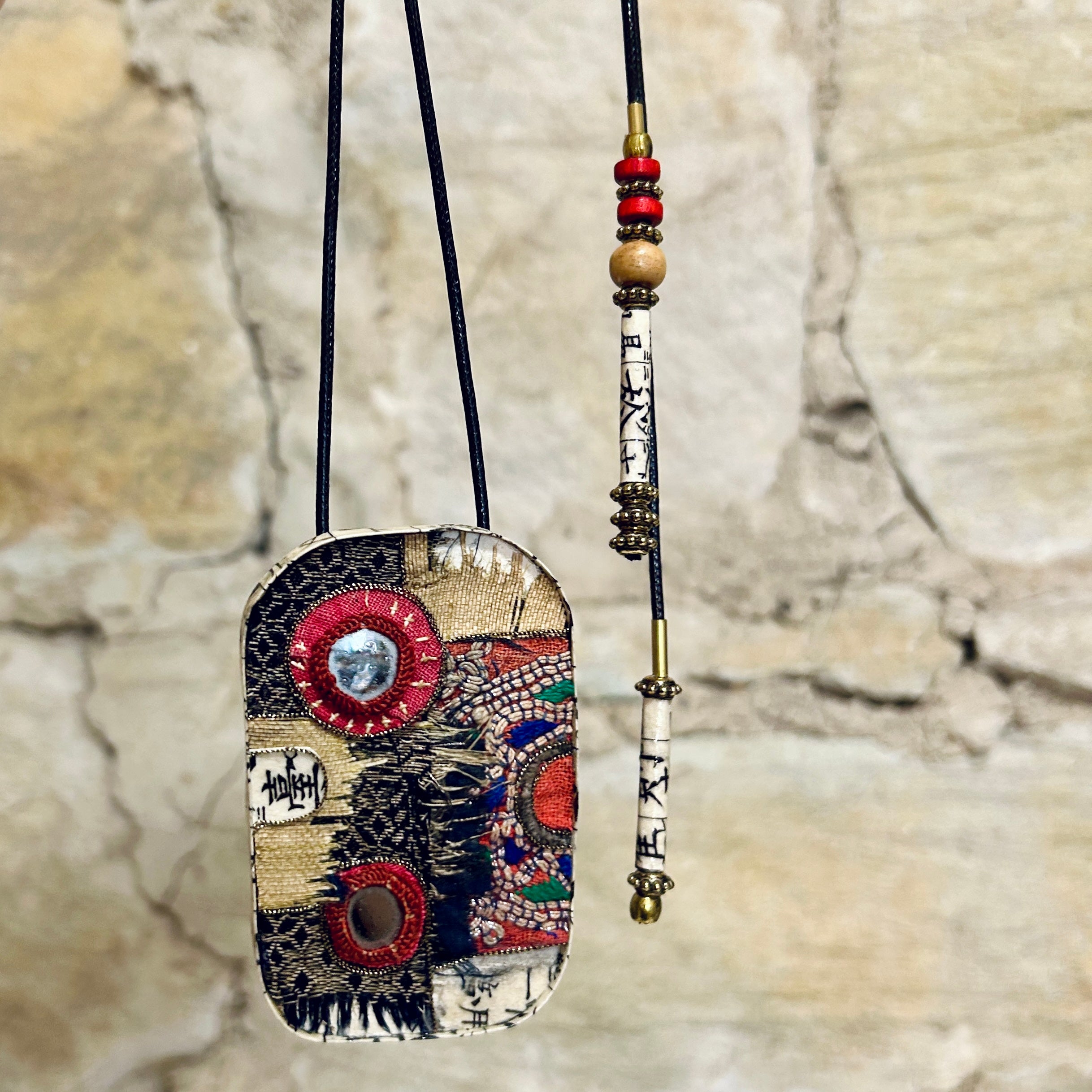 Large Antique Textile Pendant Necklace Brooch: 5.5cm x 8.5cm