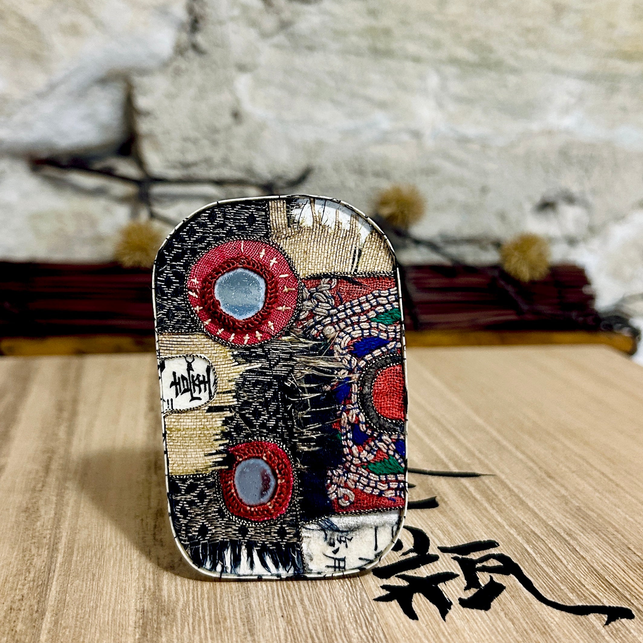 Large Antique Textile Pendant Necklace Brooch: 5.5cm x 8.5cm