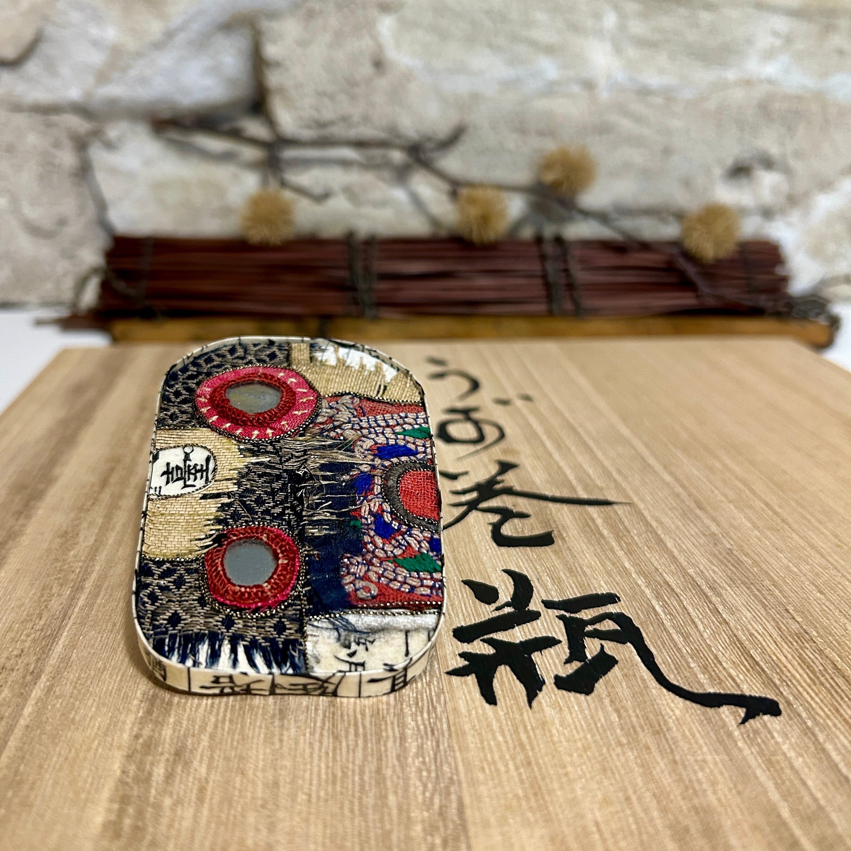 Large Antique Textile Pendant Necklace Brooch: 5.5cm x 8.5cm