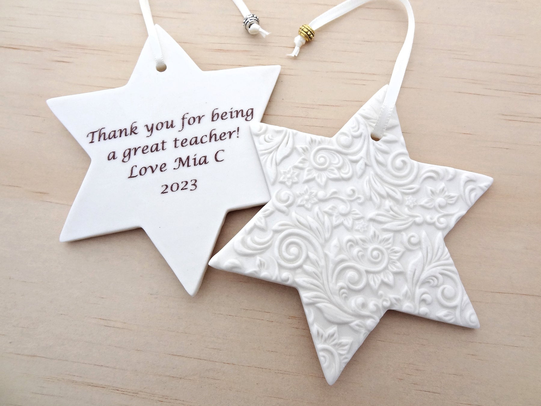 Personalised ceramic star ornament. Christmas decoration with custom wording