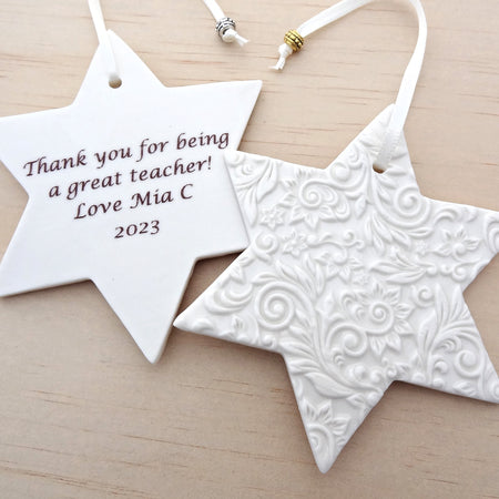 Personalised ceramic star ornament. Christmas decoration with custom wording