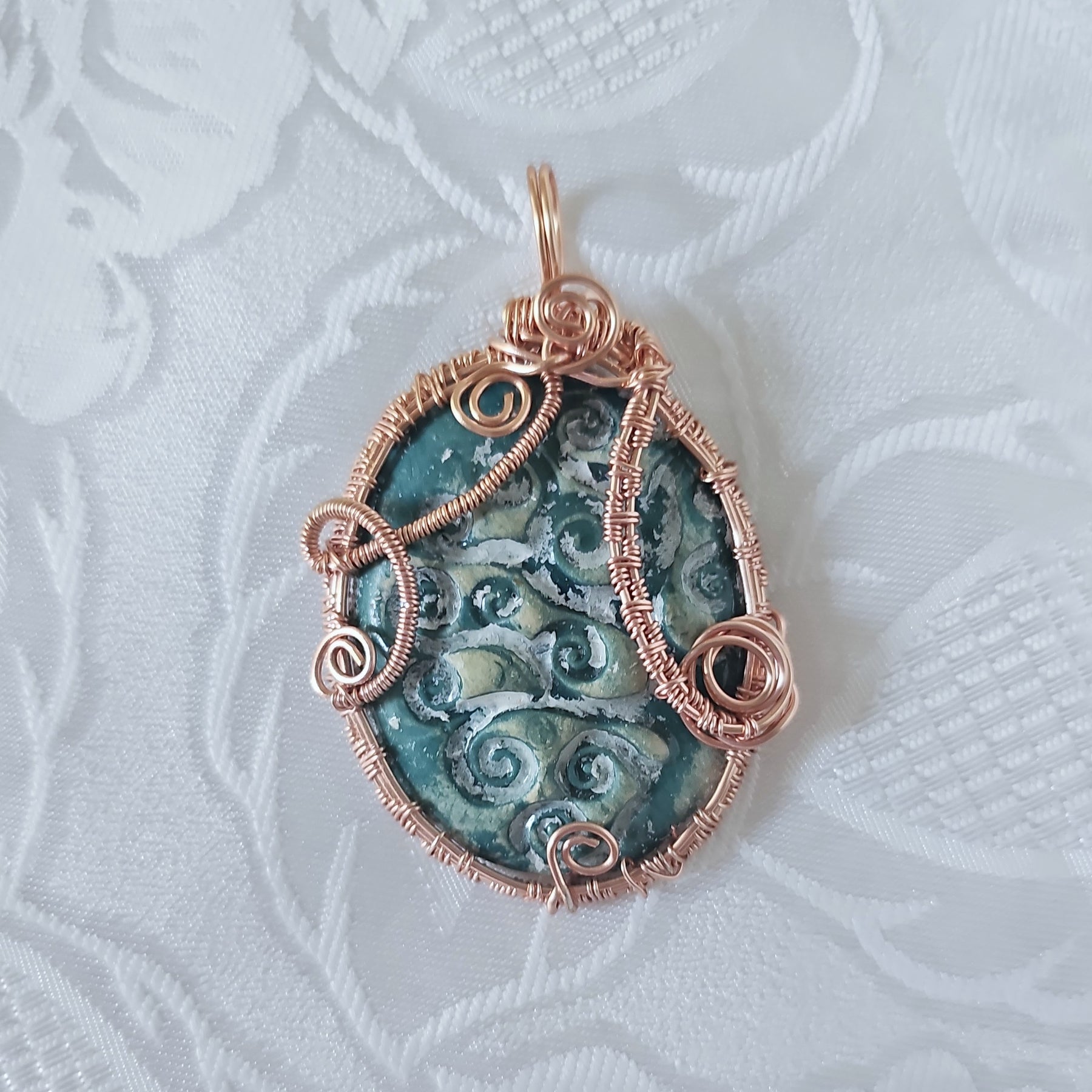 Handmade Ceramic Pendant Wrapped Rose Gold Colour Wire