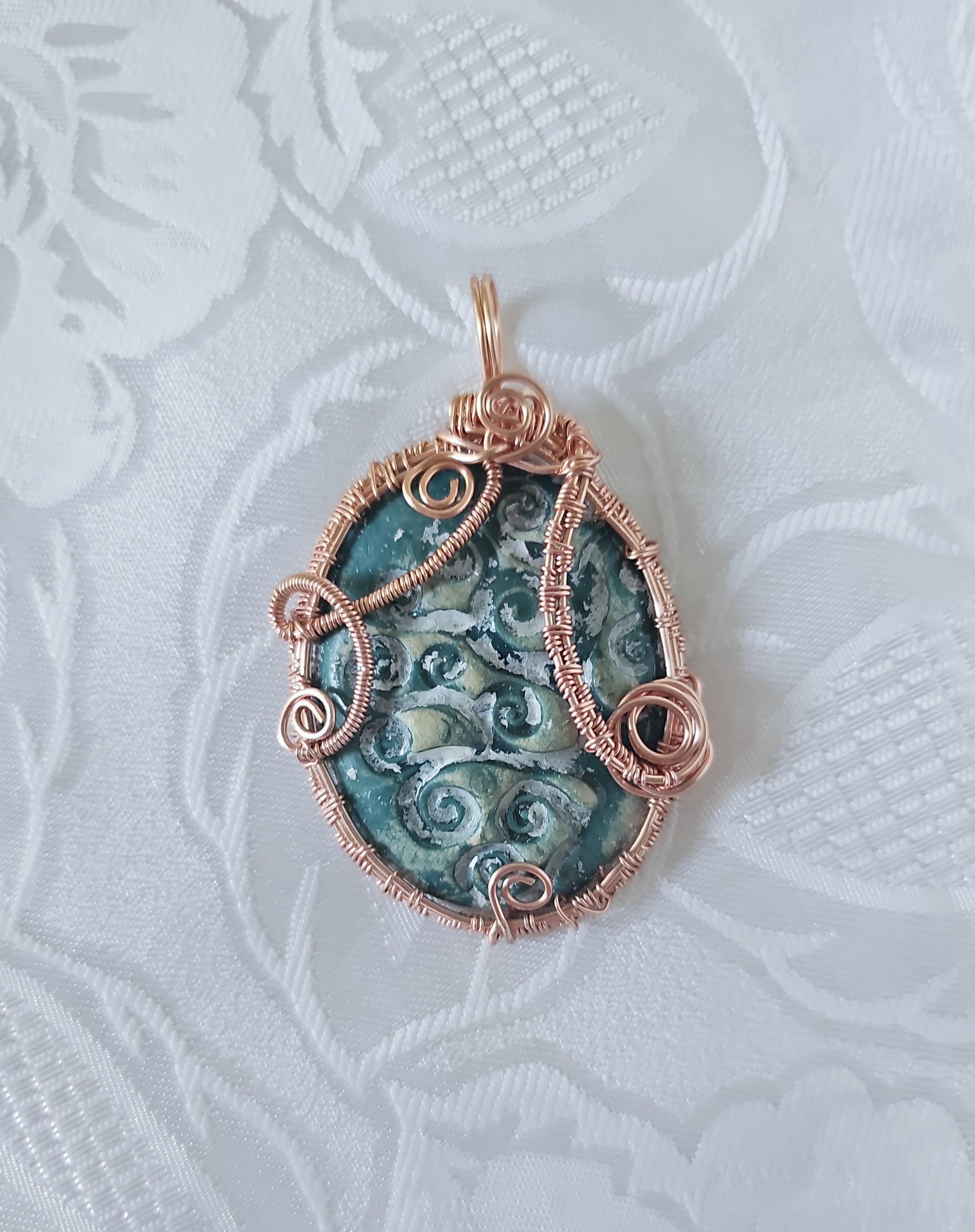 Handmade Ceramic Pendant Wrapped Rose Gold Colour Wire