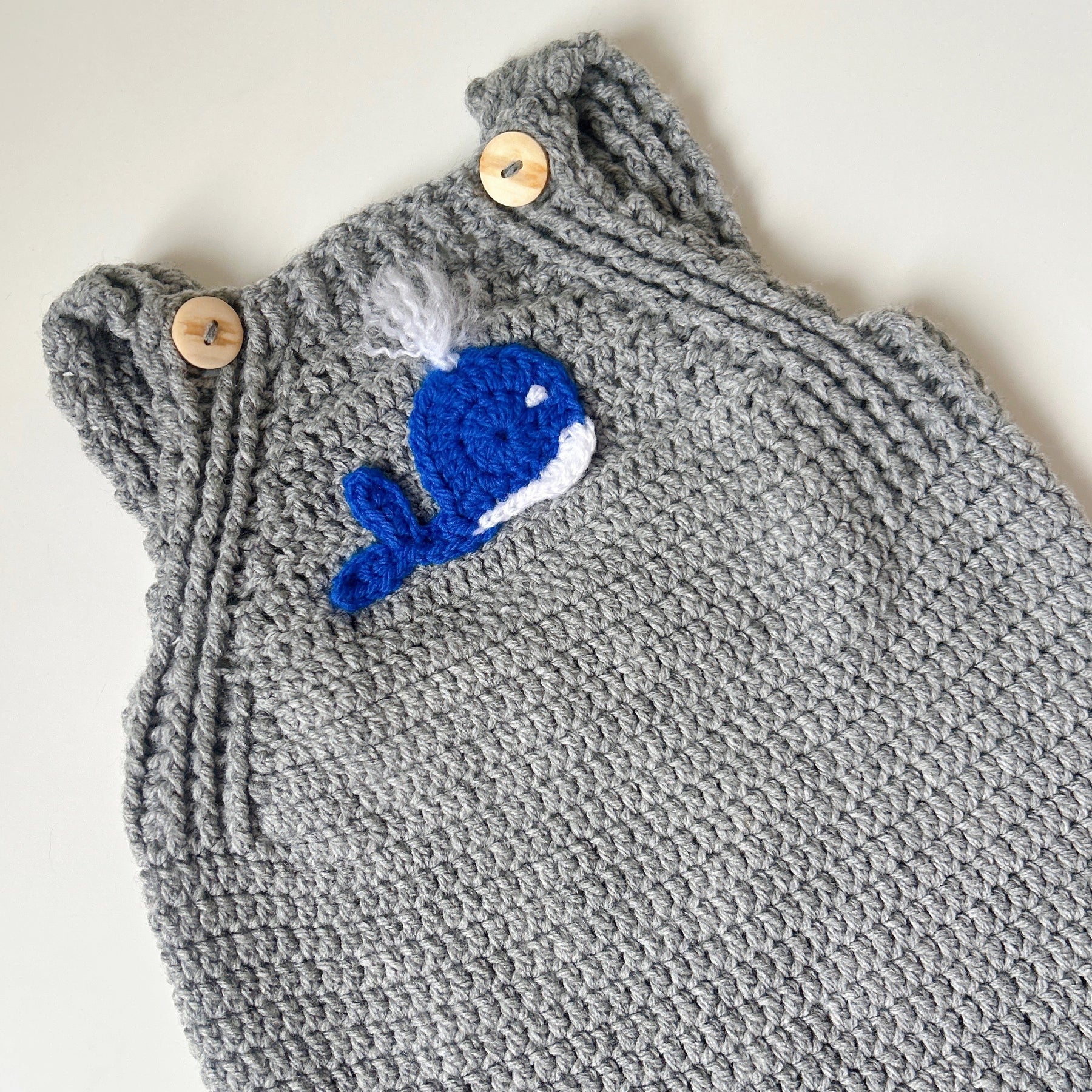 Crochet Whale Overalls — Newborn / 0–3M / 3–6M