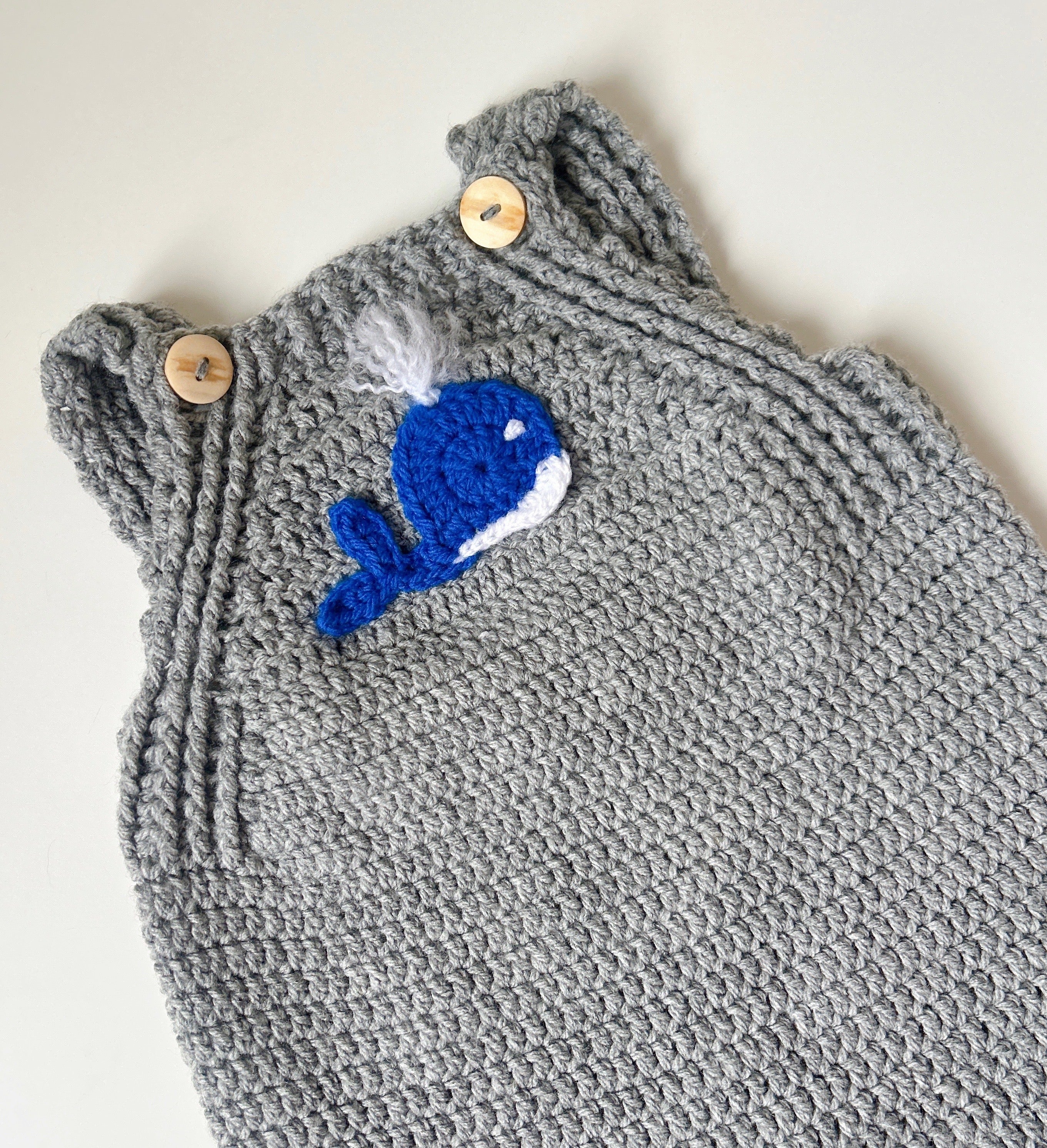 Crochet Whale Overalls — Newborn / 0–3M / 3–6M
