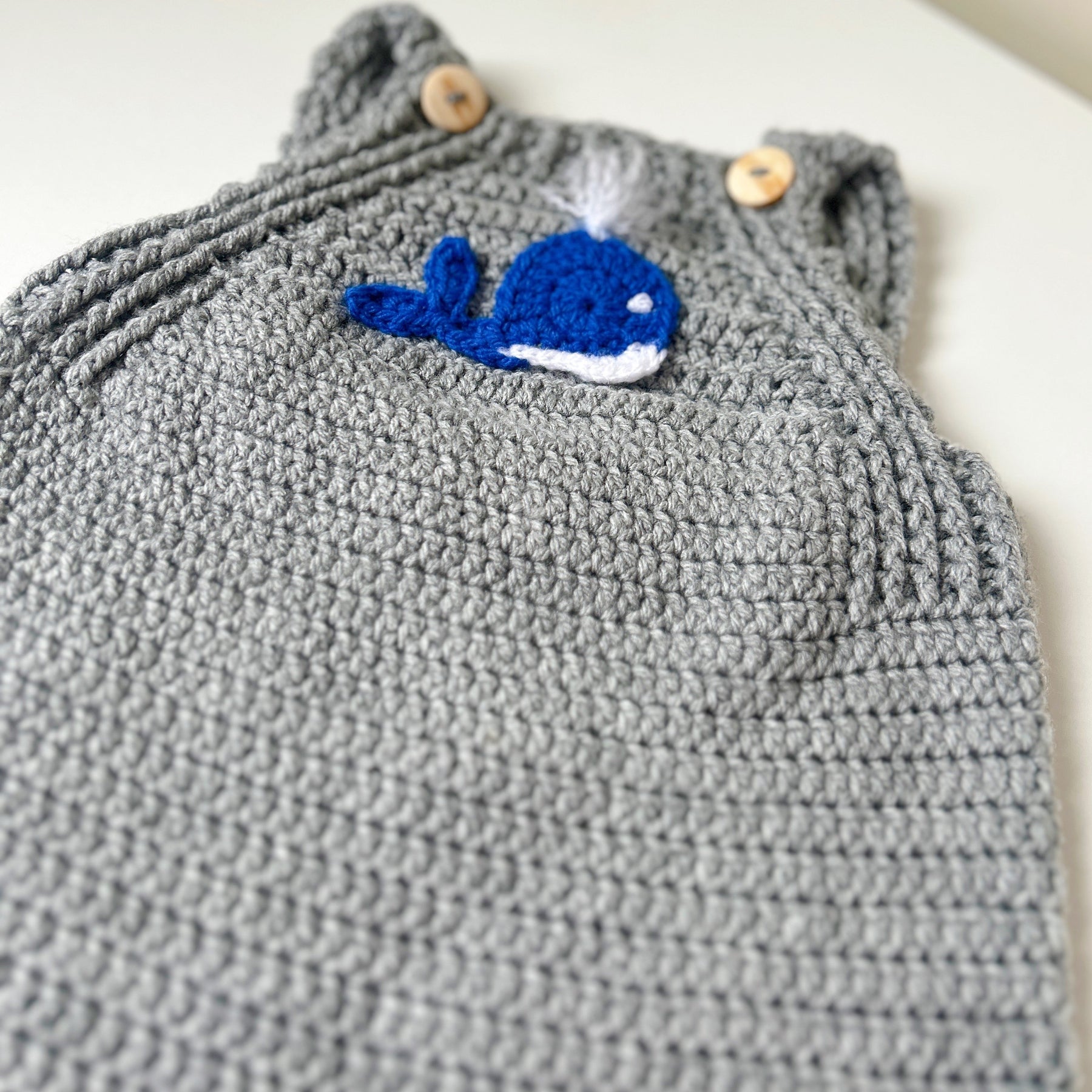Crochet Whale Overalls — Newborn / 0–3M / 3–6M