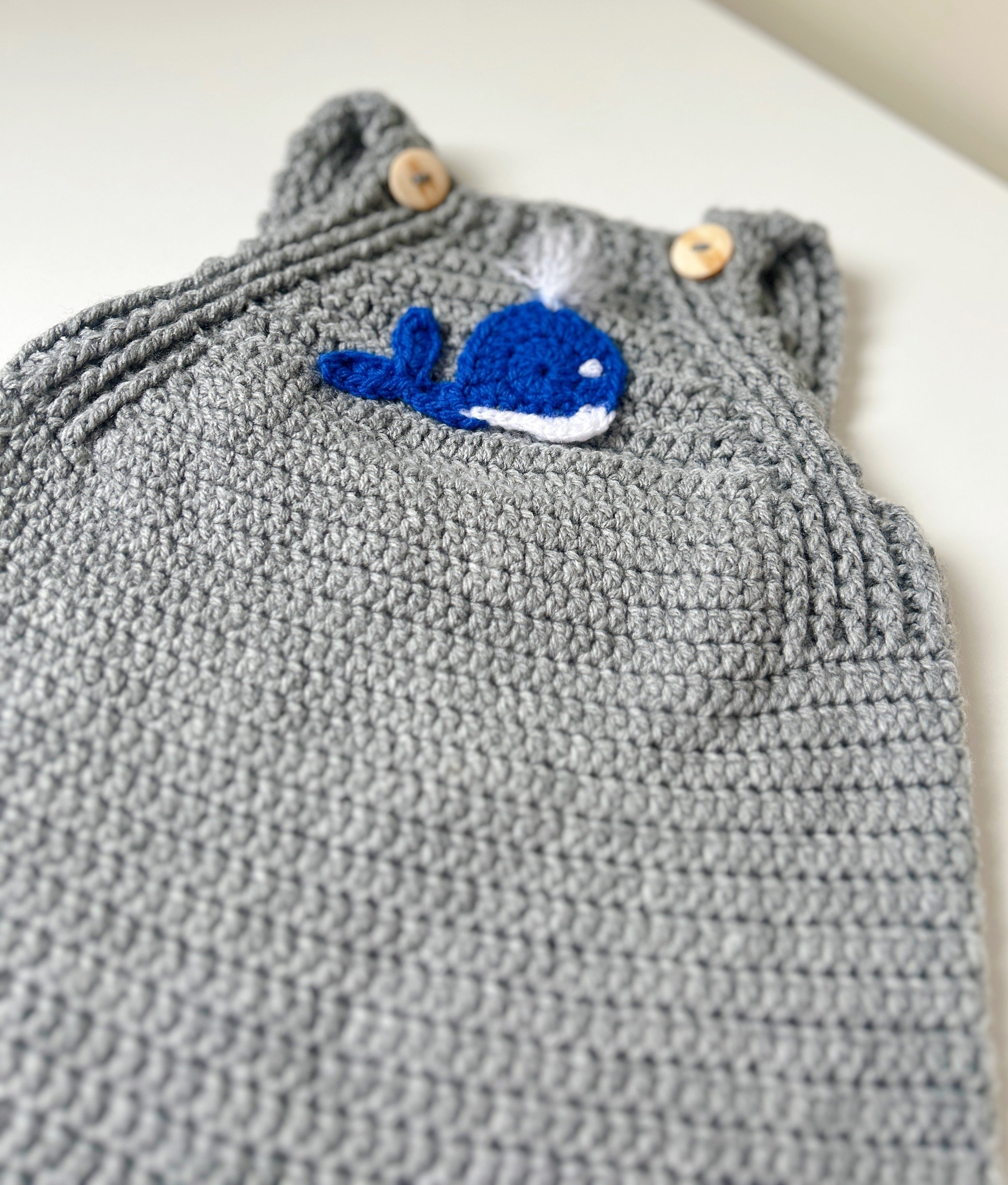 Crochet Whale Overalls — Newborn / 0–3M / 3–6M