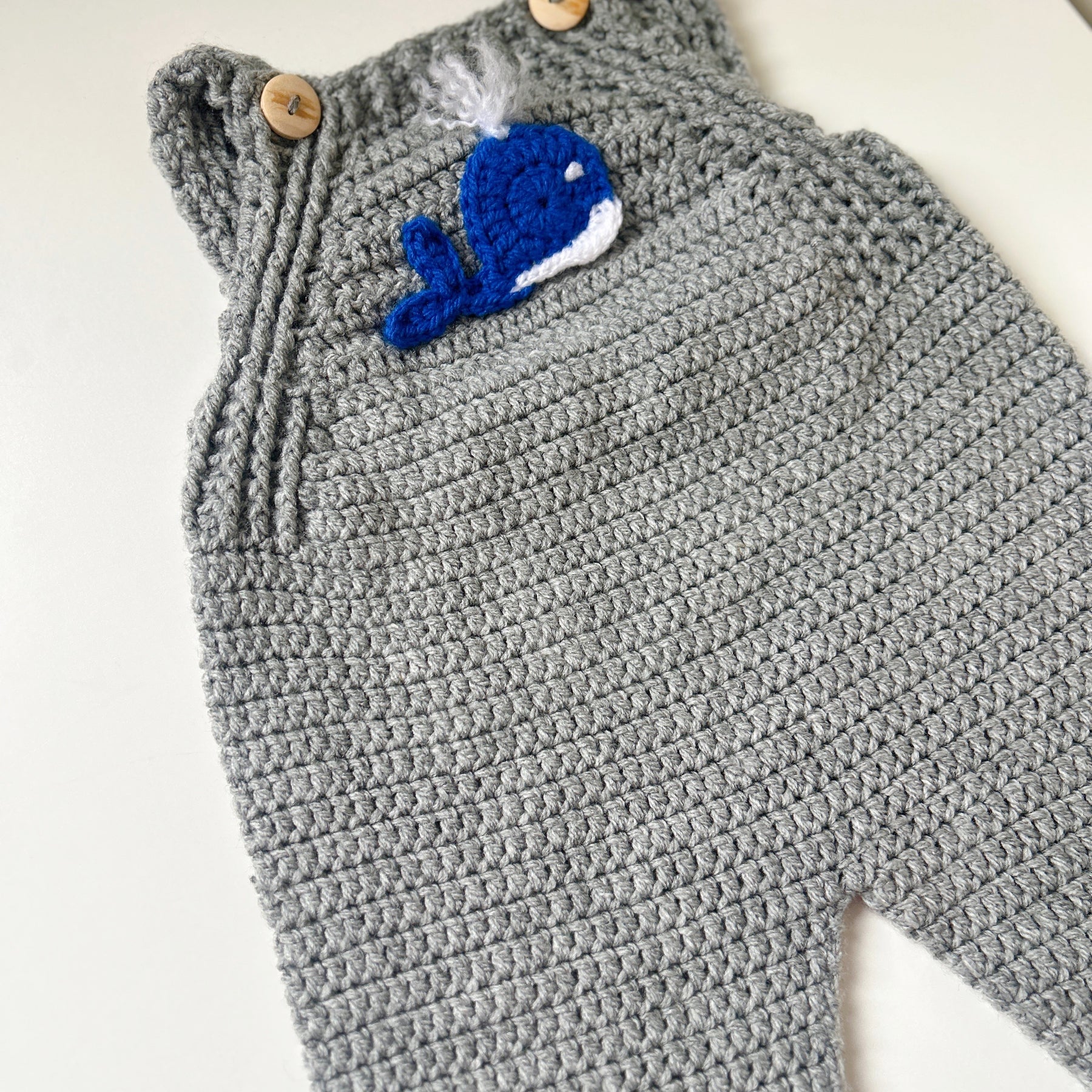 Crochet Whale Overalls — Newborn / 0–3M / 3–6M