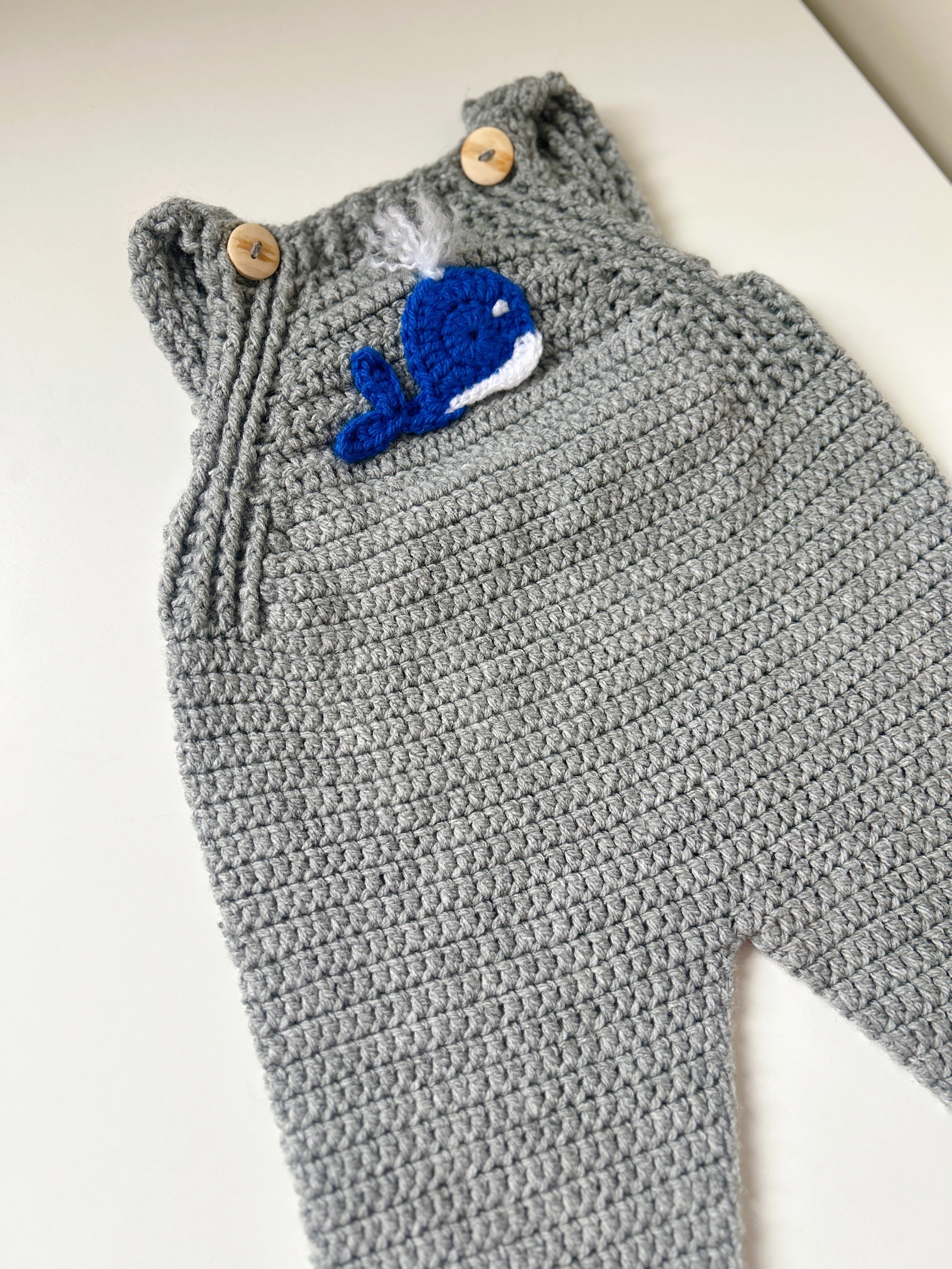 Crochet Whale Overalls — Newborn / 0–3M / 3–6M