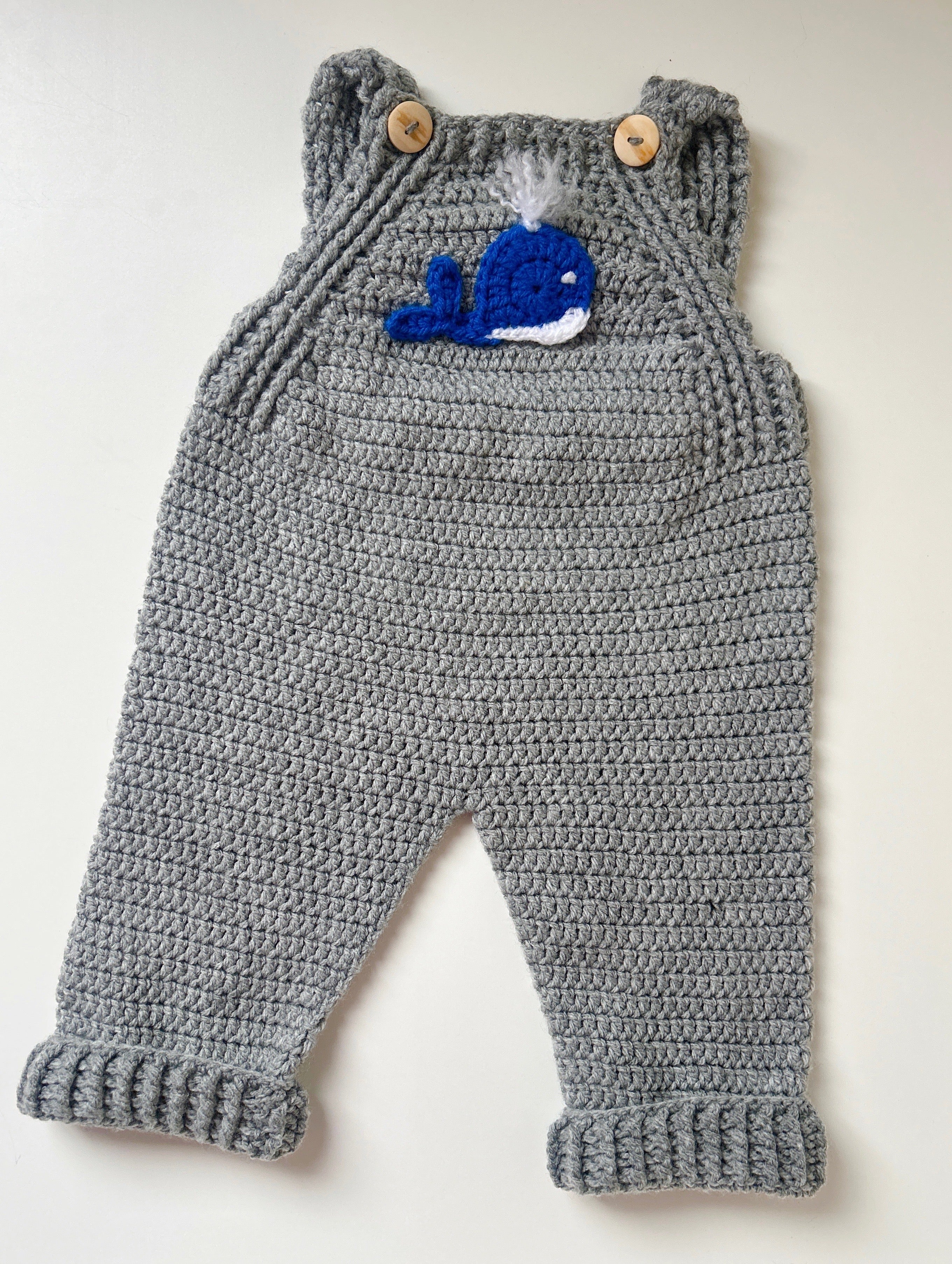Crochet Whale Overalls — Newborn / 0–3M / 3–6M