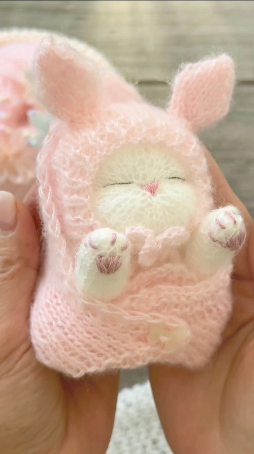 Handmade White Knitted Sleeping Kitten in Pink Bunny Bonnet and Blanket with Butterfly Toy