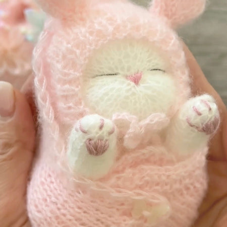 Handmade White Knitted Sleeping Kitten in Pink Bunny Bonet and Blanket with Butterfly Toy