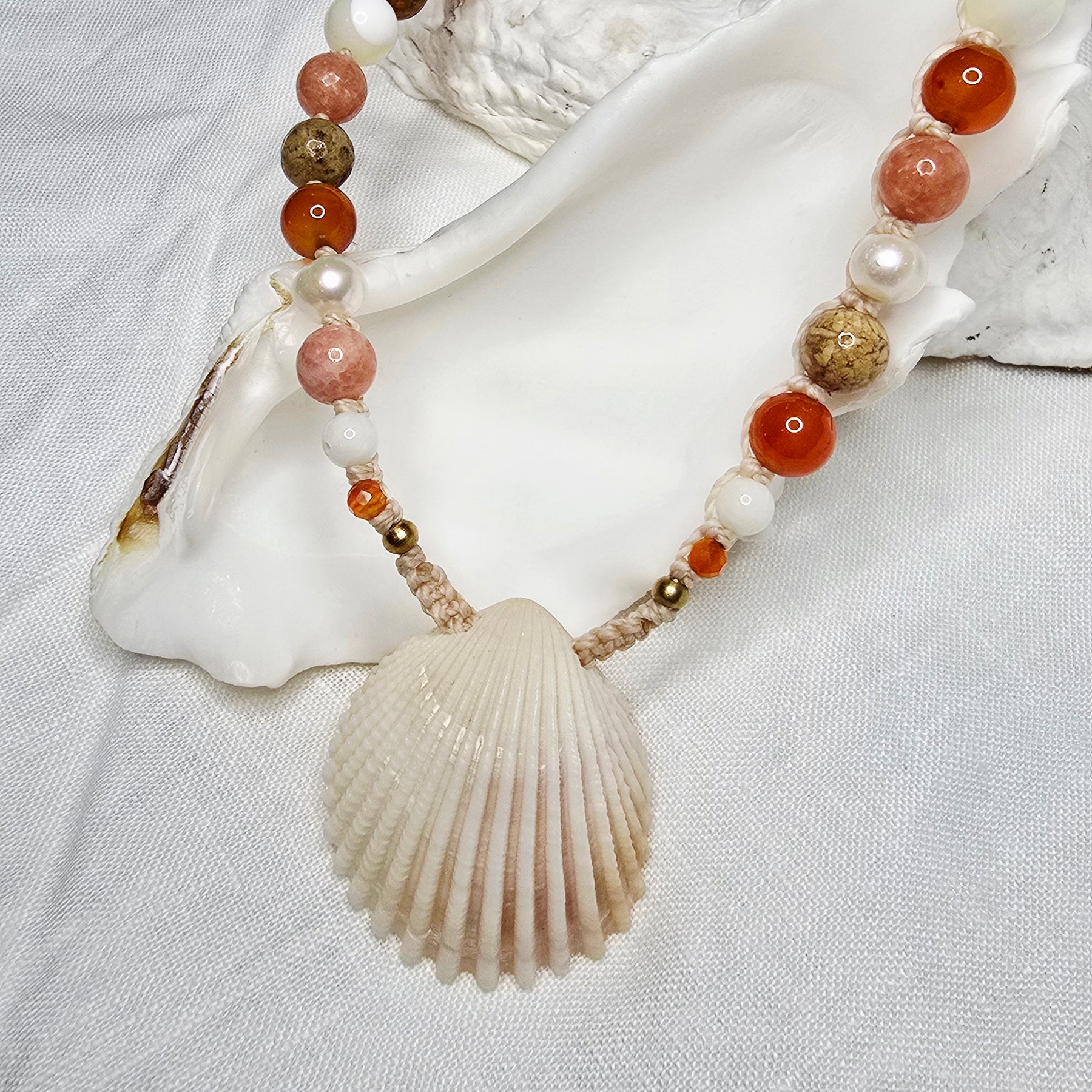 Cockle Shell Necklace Adjustable with Pearls and Rare Ocean Agate