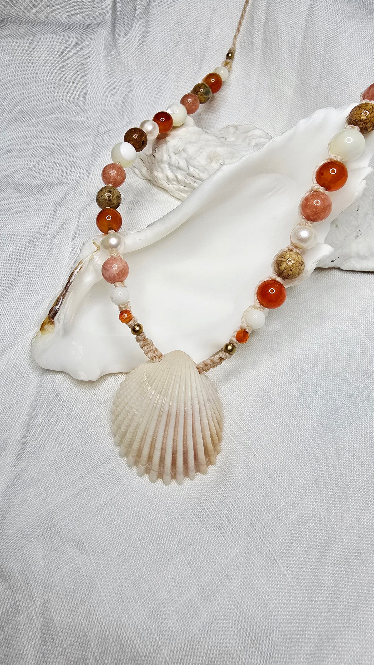 Cockle Shell Necklace Adjustable with Pearls and Rare Ocean Agate