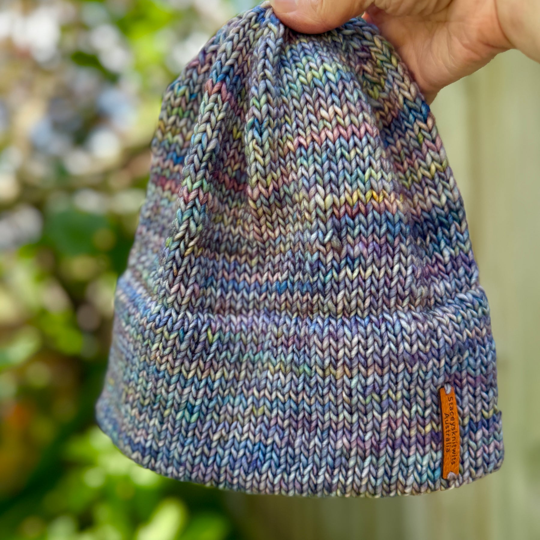 Hand Knitted Merino Beanie, Biue double brim winter beanie