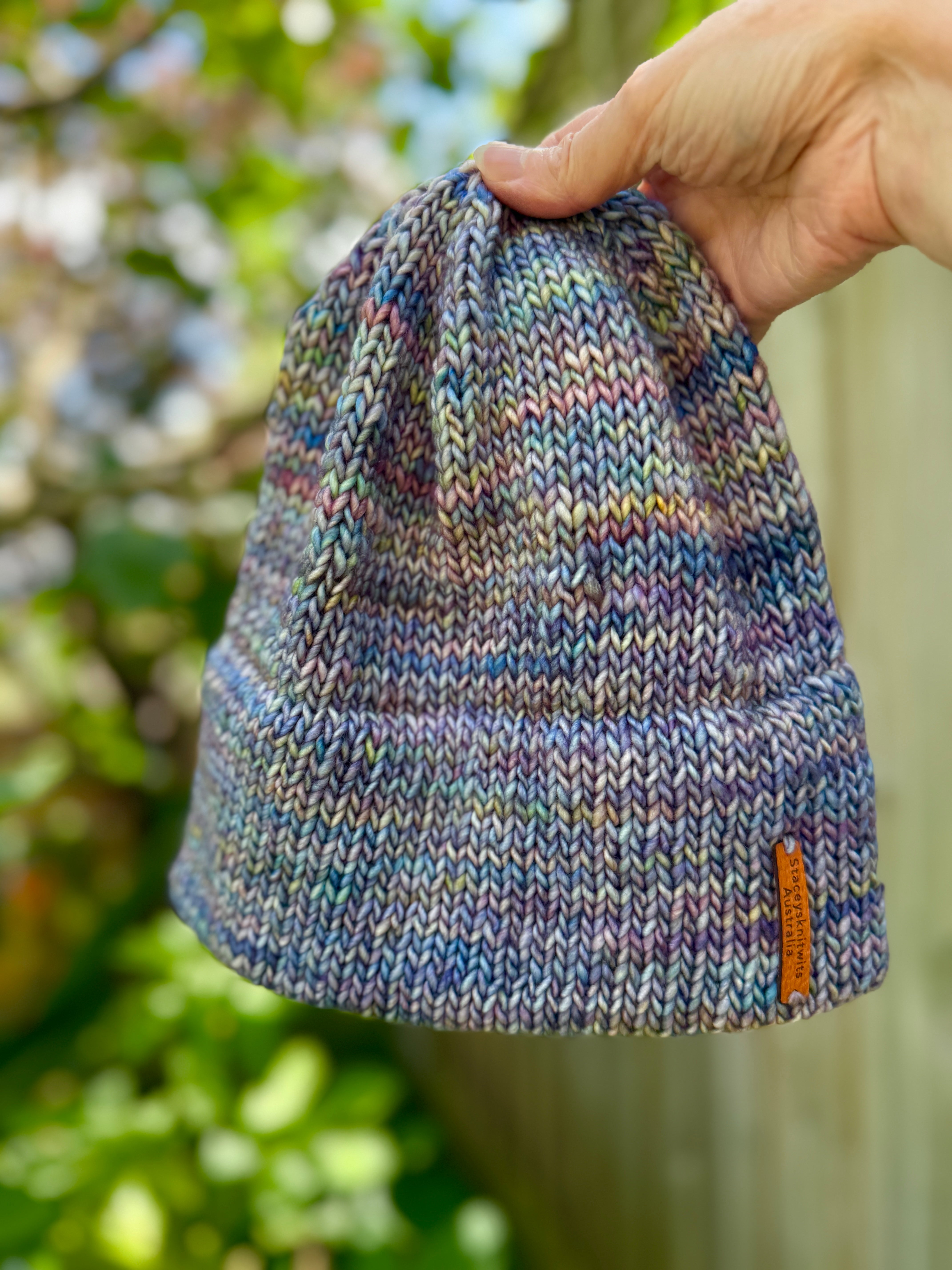 Hand Knitted Merino Beanie, Biue double brim winter beanie