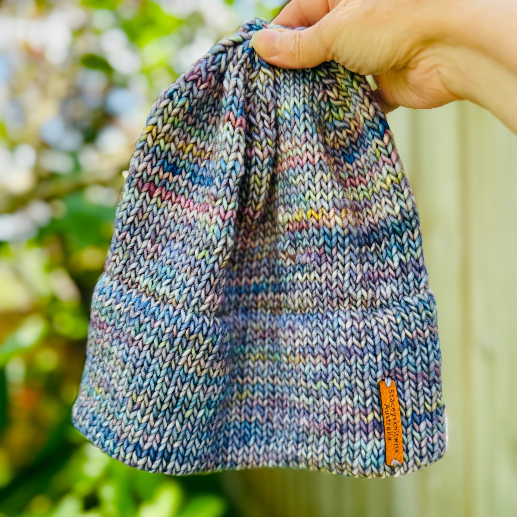 Hand Knitted Merino Beanie, Biue double brim winter beanie