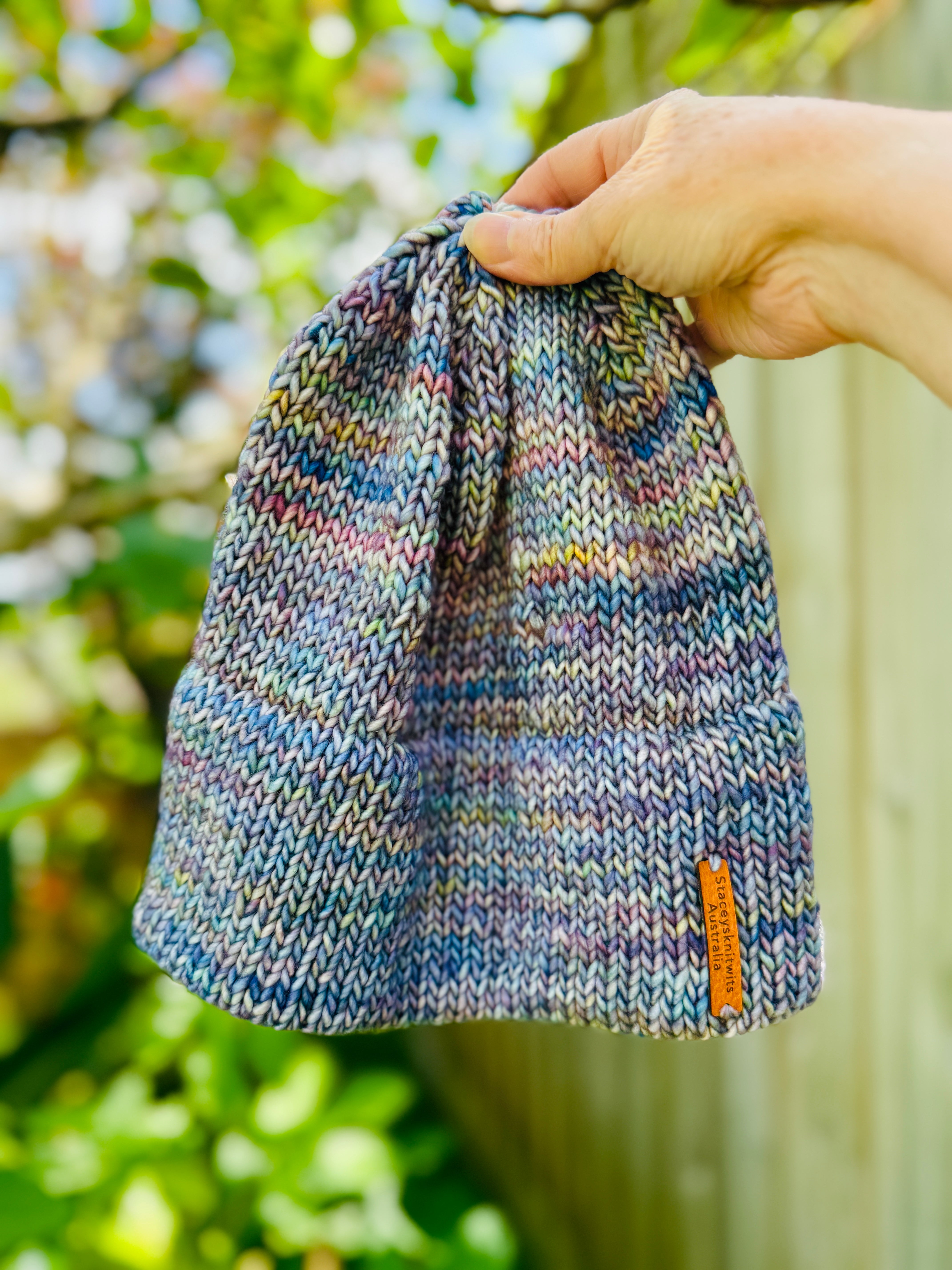 Hand Knitted Merino Beanie, Biue double brim winter beanie