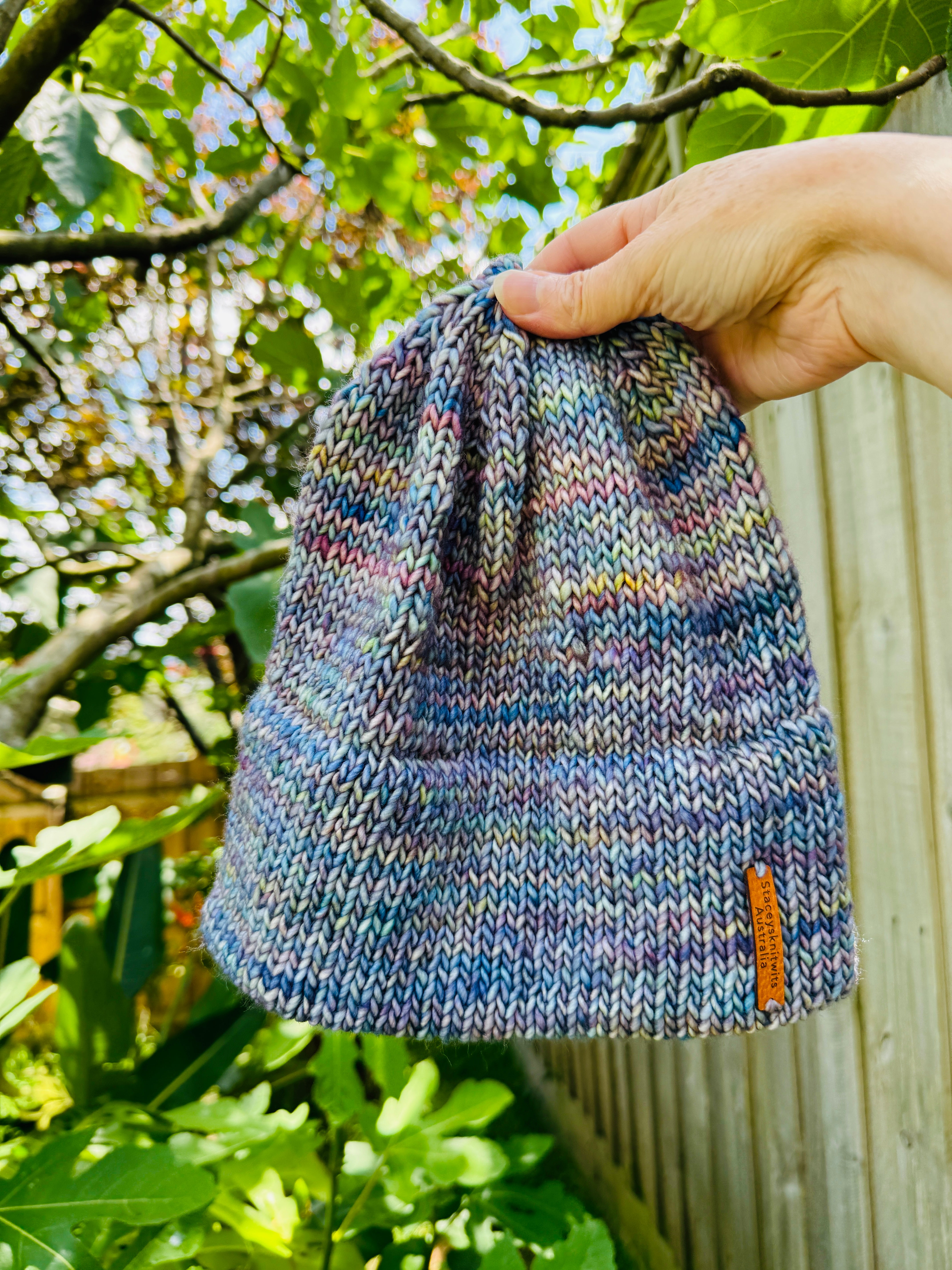 Hand Knitted Merino Beanie, Biue double brim winter beanie