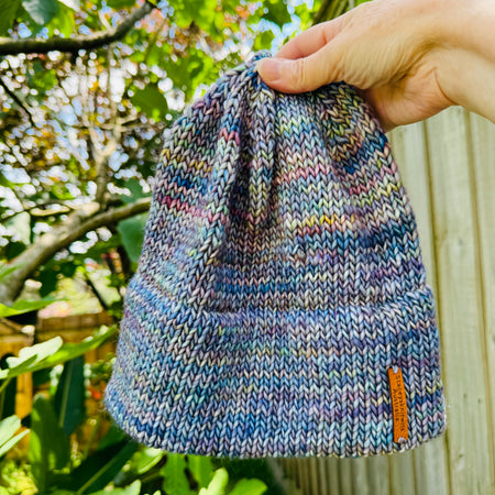 Hand Knitted Merino Beanie, Biue double brim winter beanie