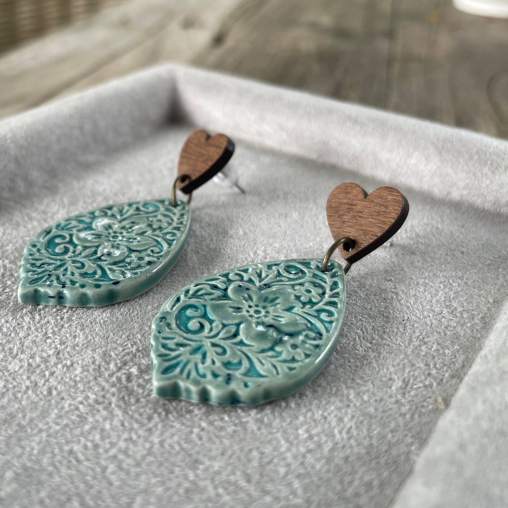 Earrings - Wooden heart stud aqua turquoise ceramic floral
