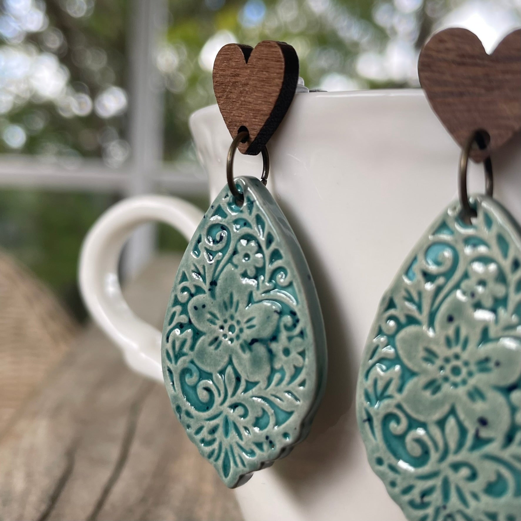 Earrings - Wooden heart stud aqua turquoise ceramic floral