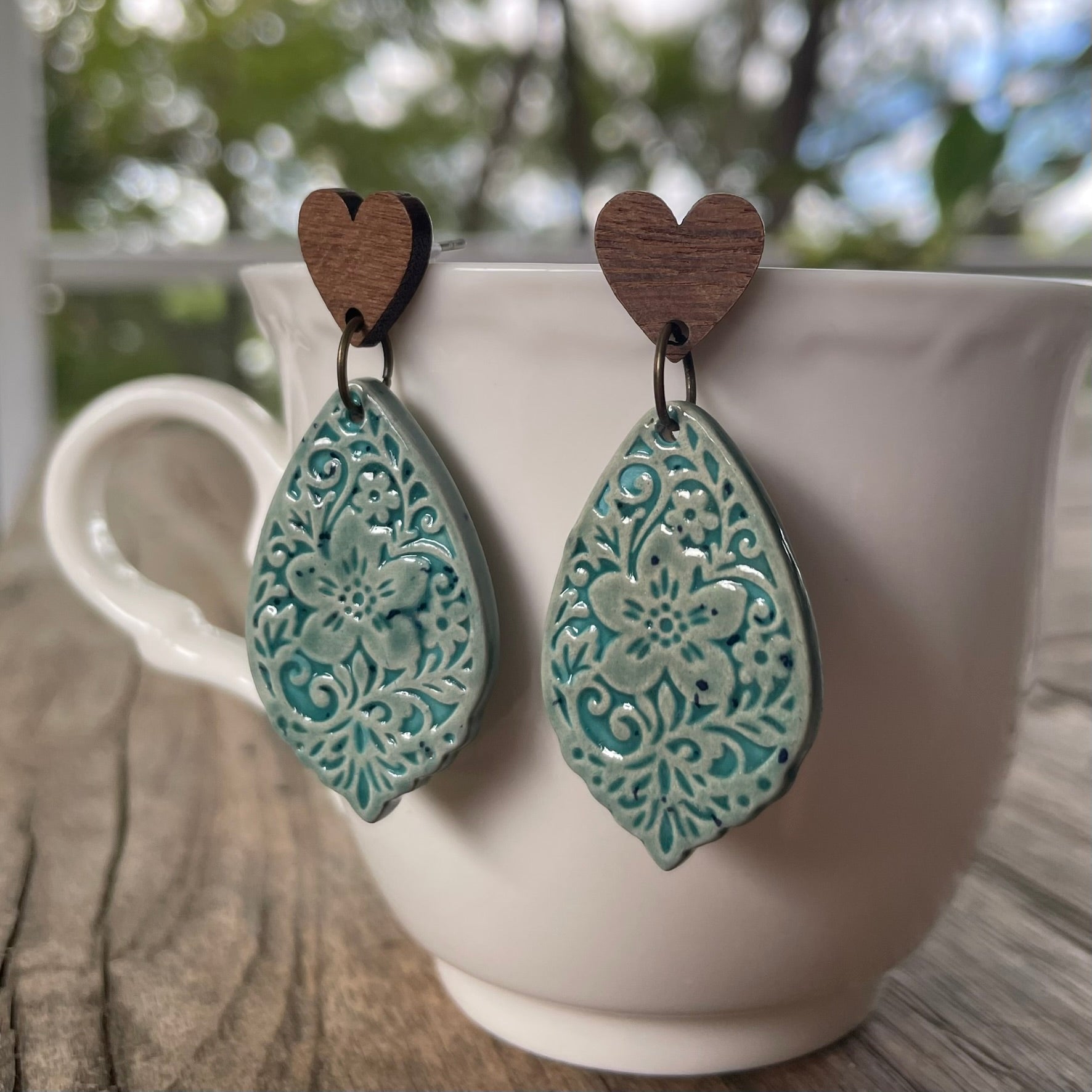 Earrings - Wooden heart stud aqua turquoise ceramic floral