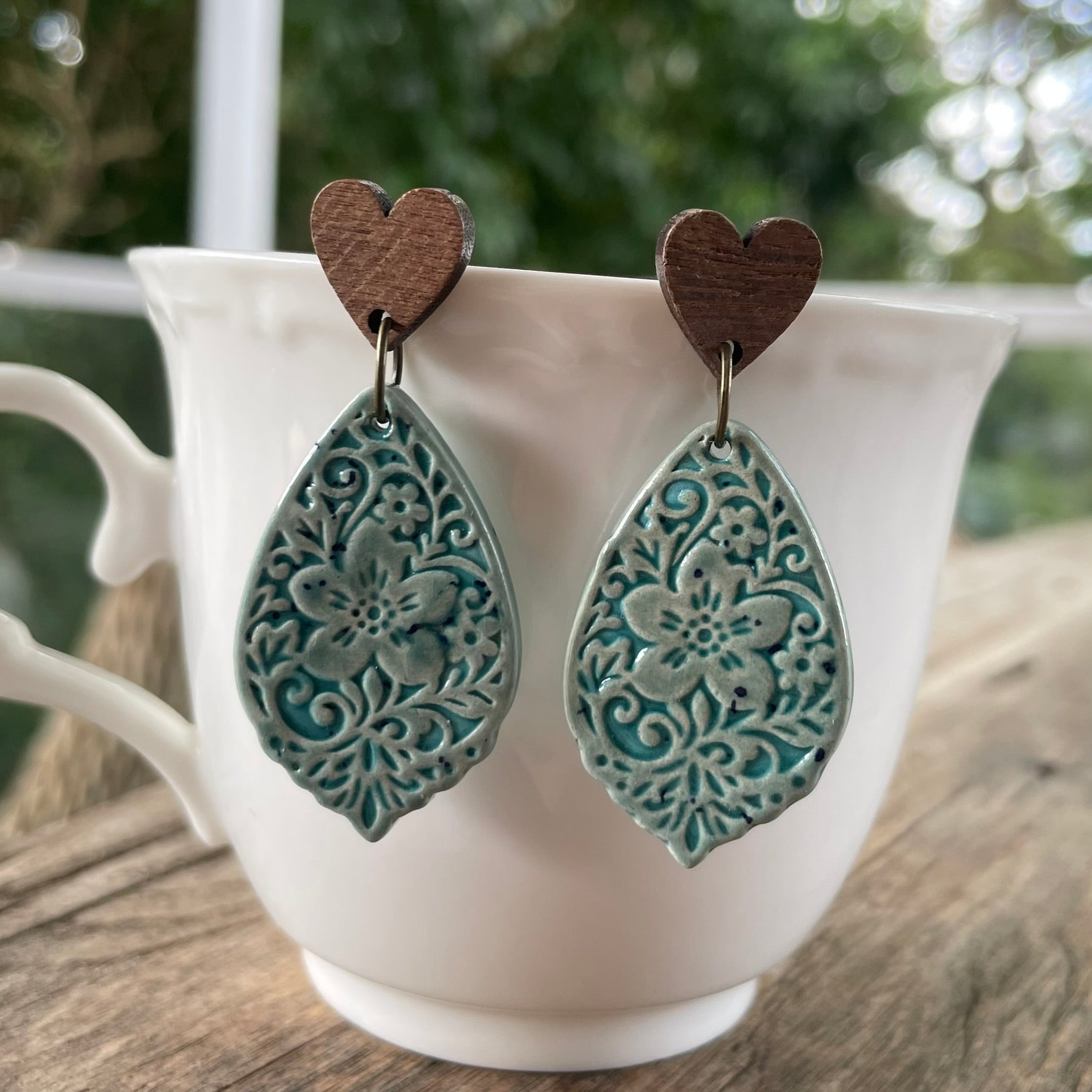 Earrings - Wooden heart stud aqua turquoise ceramic floral