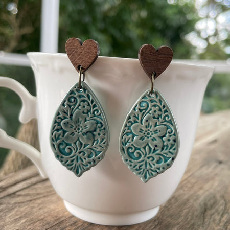Earrings - Wooden heart stud aqua turquoise ceramic floral