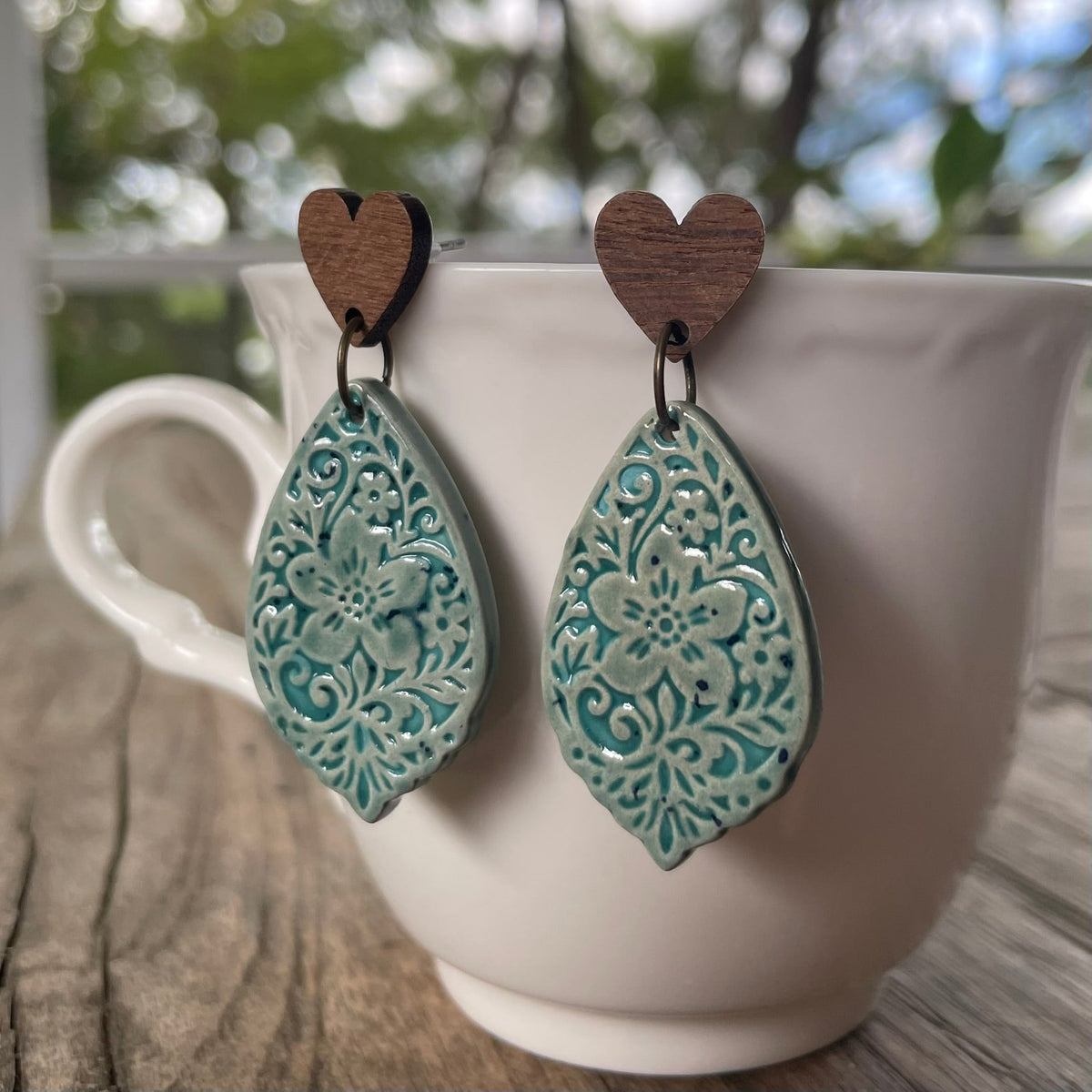 Earrings - Wooden heart stud aqua turquoise ceramic floral
