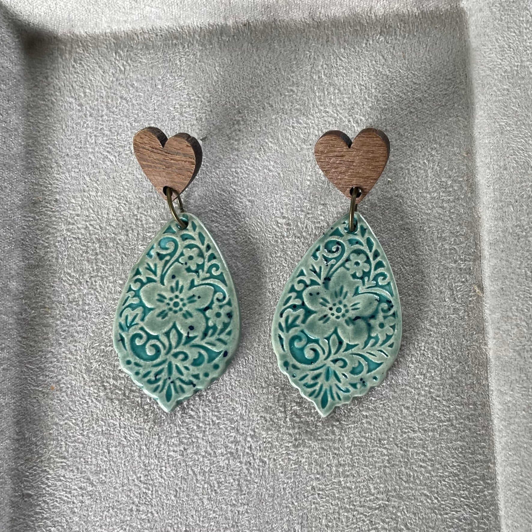 Earrings - Wooden heart stud aqua turquoise ceramic floral