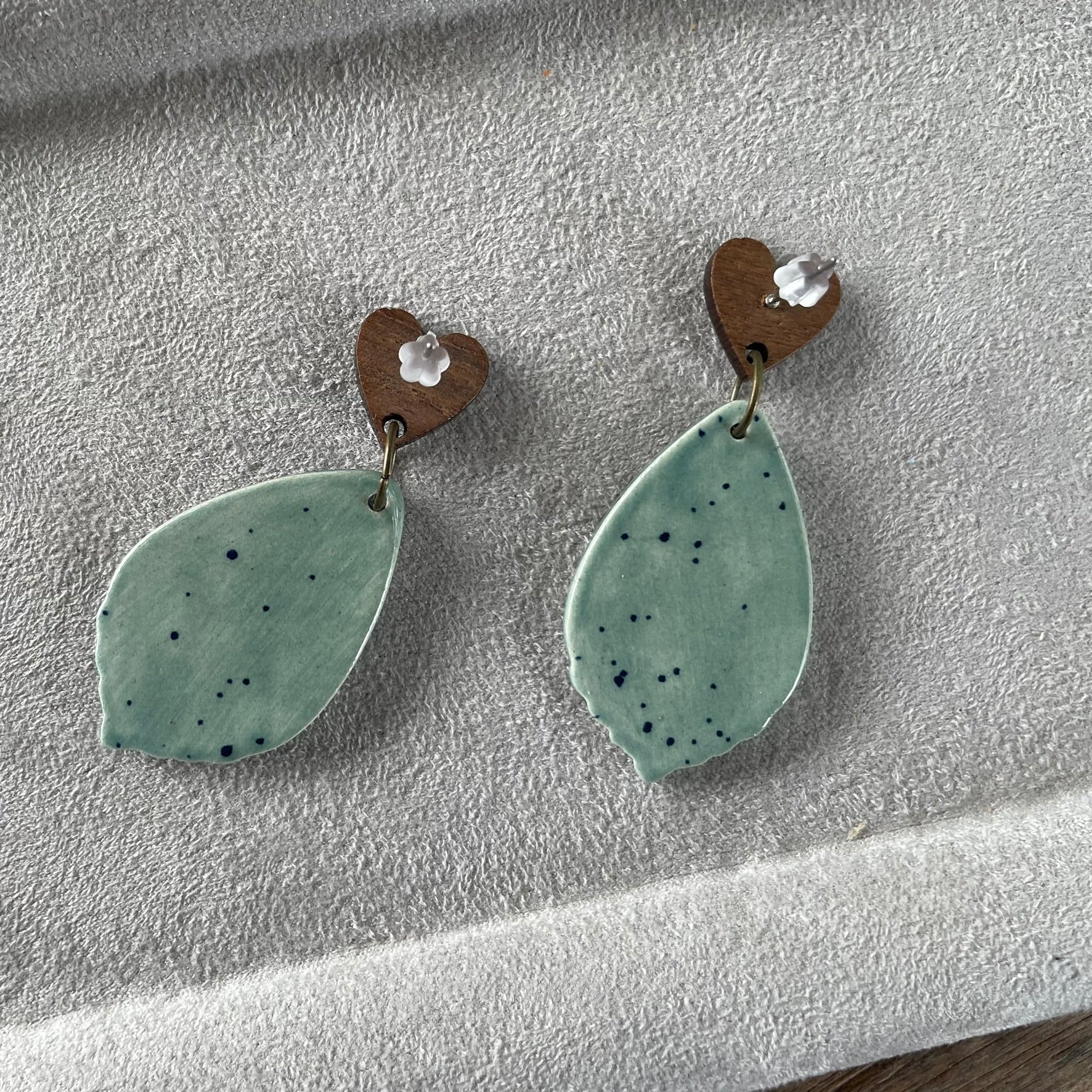 Earrings - Wooden heart stud aqua turquoise ceramic floral