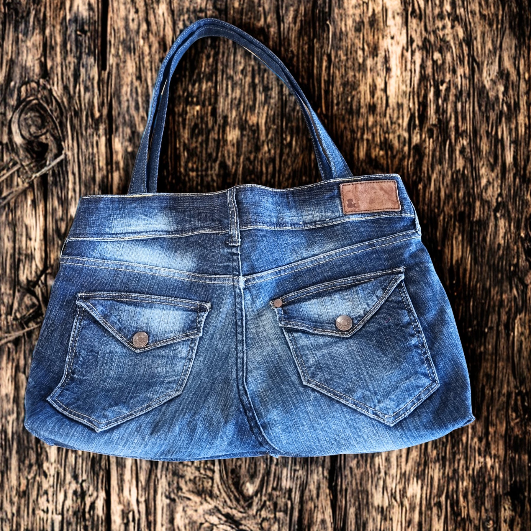 Denim Handbag with Red Lining