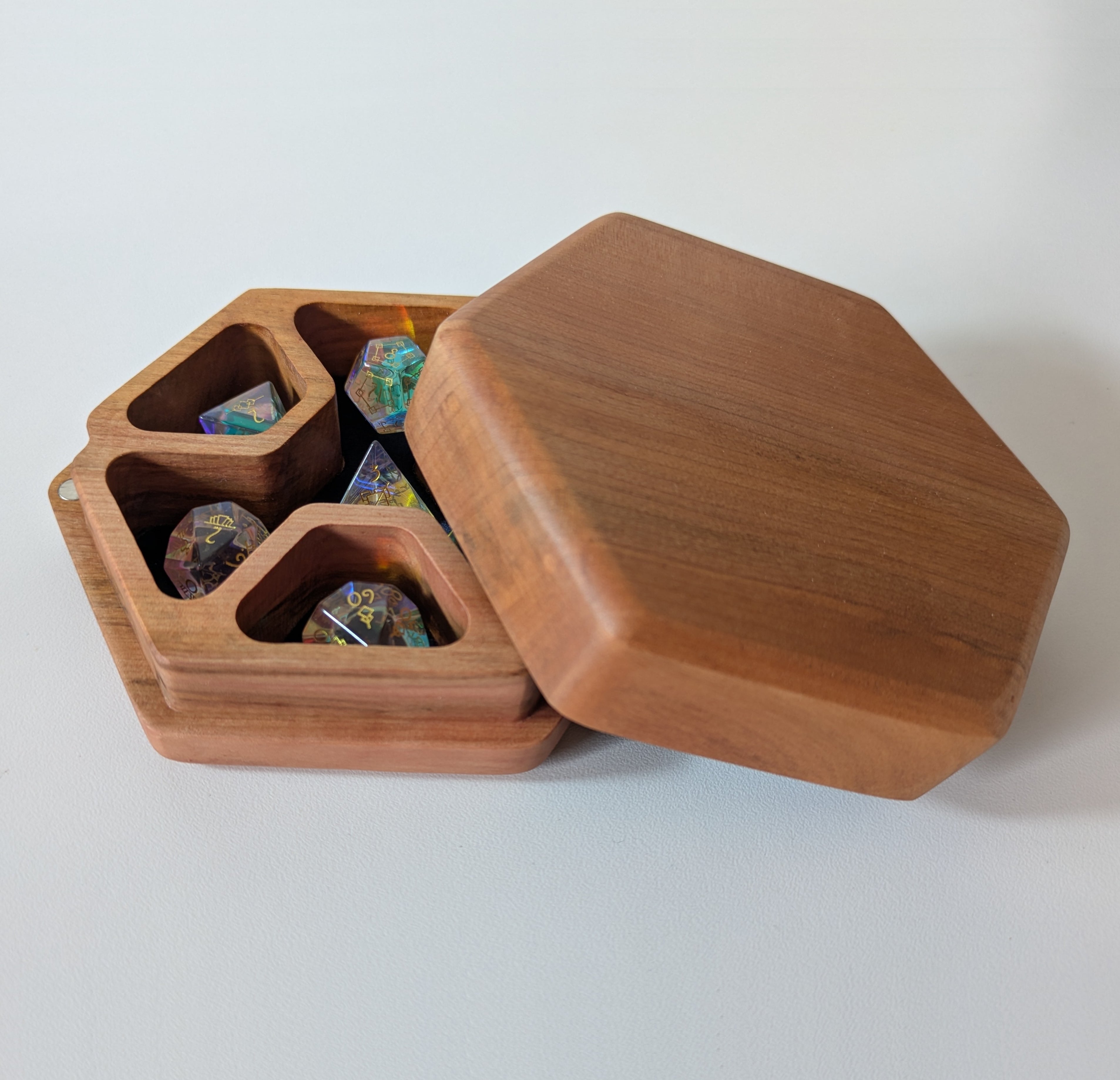 Wooden Hex Dice Box with Rolling Tray
