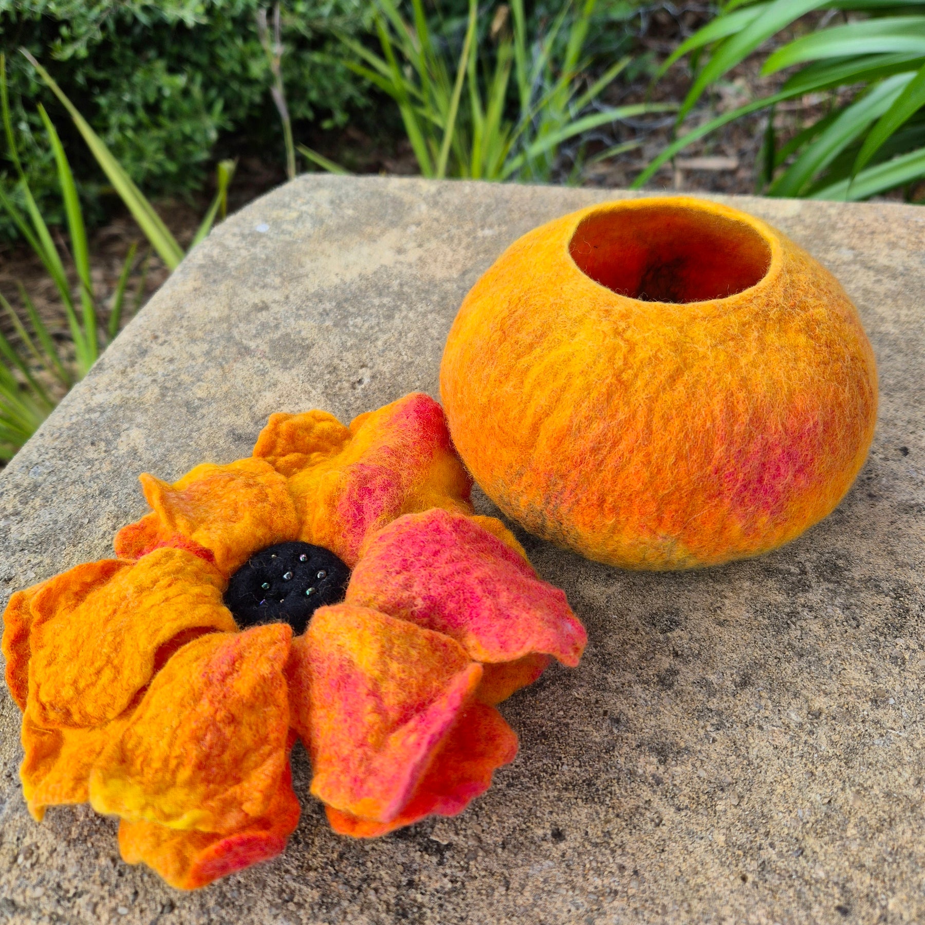 Sunflower Felted Wool Vessel with Flower Lid – Handmade Trinket Bowl