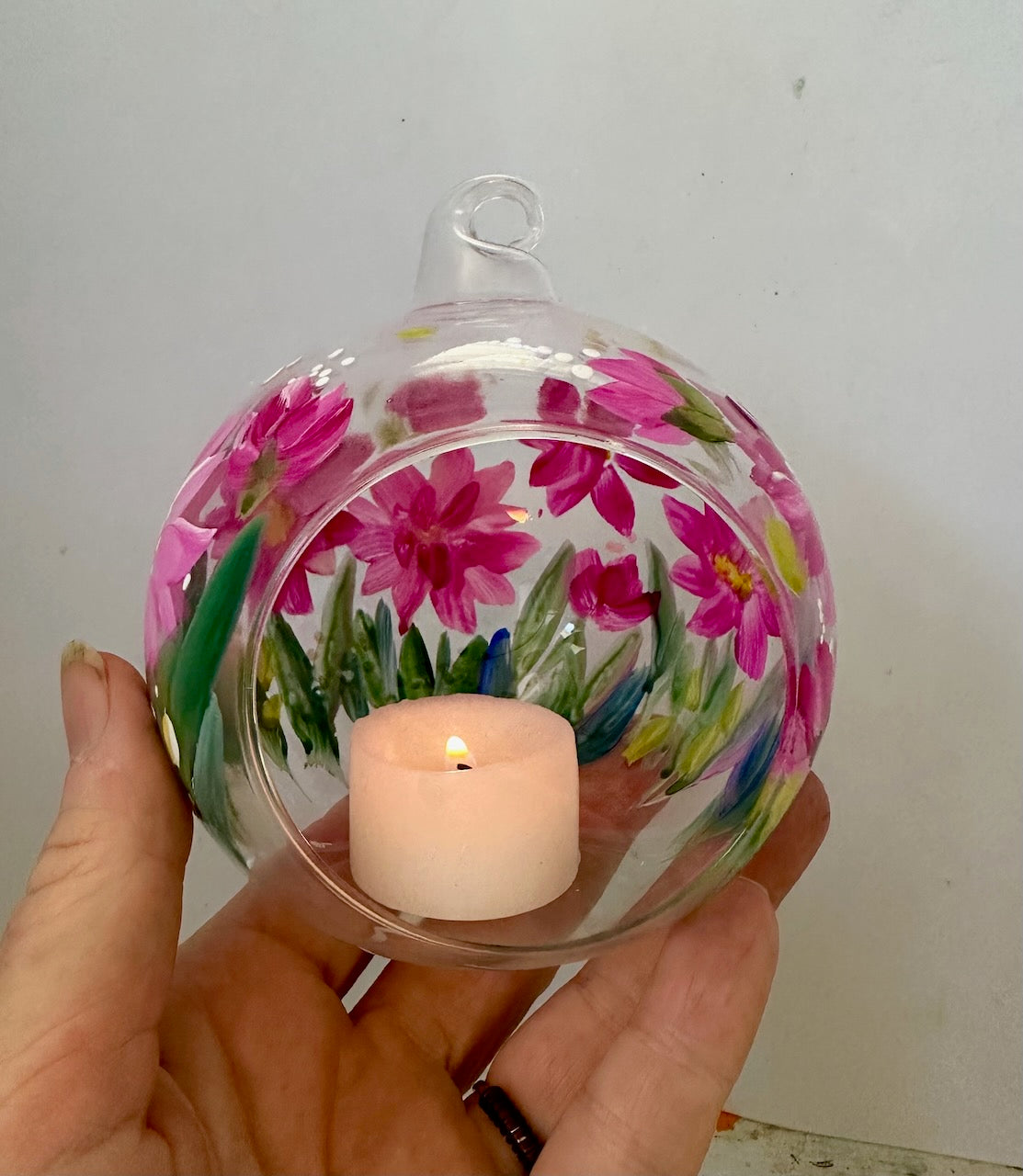 Glass Hanging Candle Holder Hand Painted With Pink Blooms