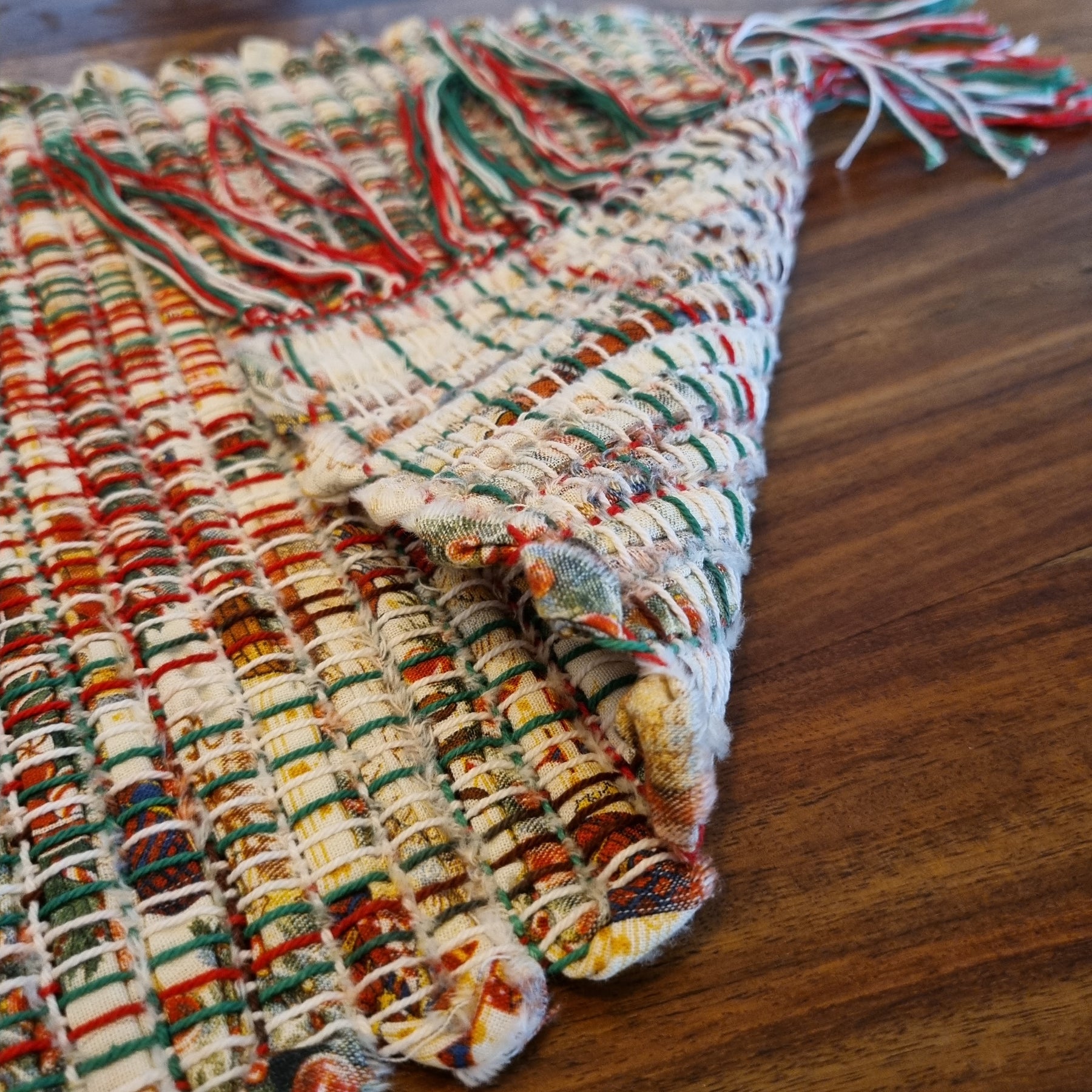 Handwoven Christmas fabric table runner festive print
