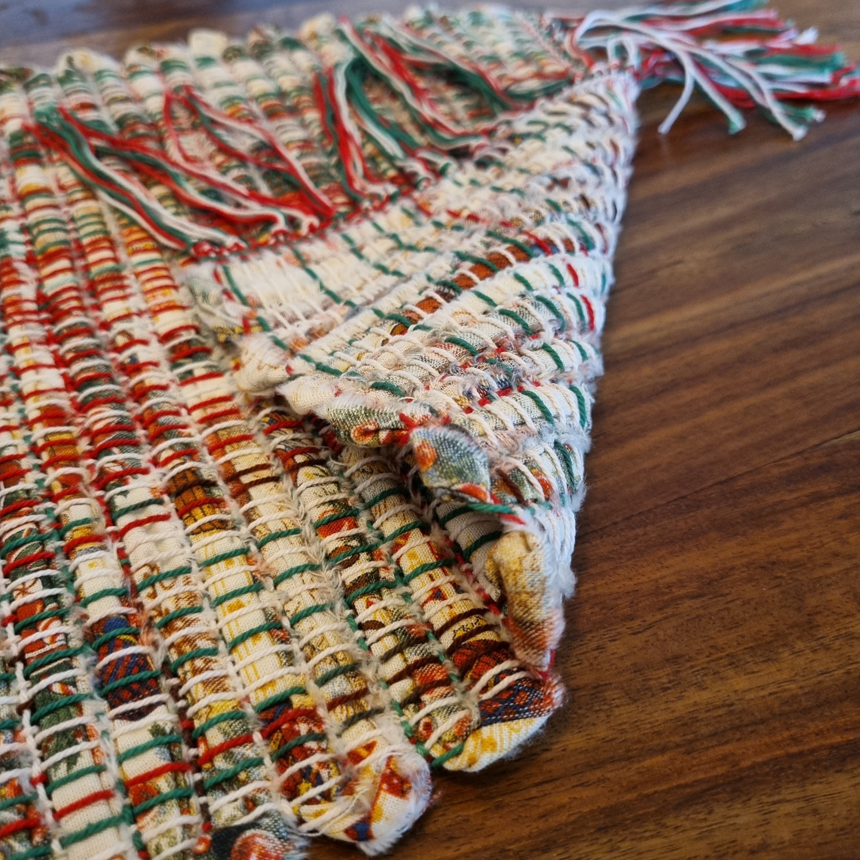 Handwoven Christmas fabric table runner festive print