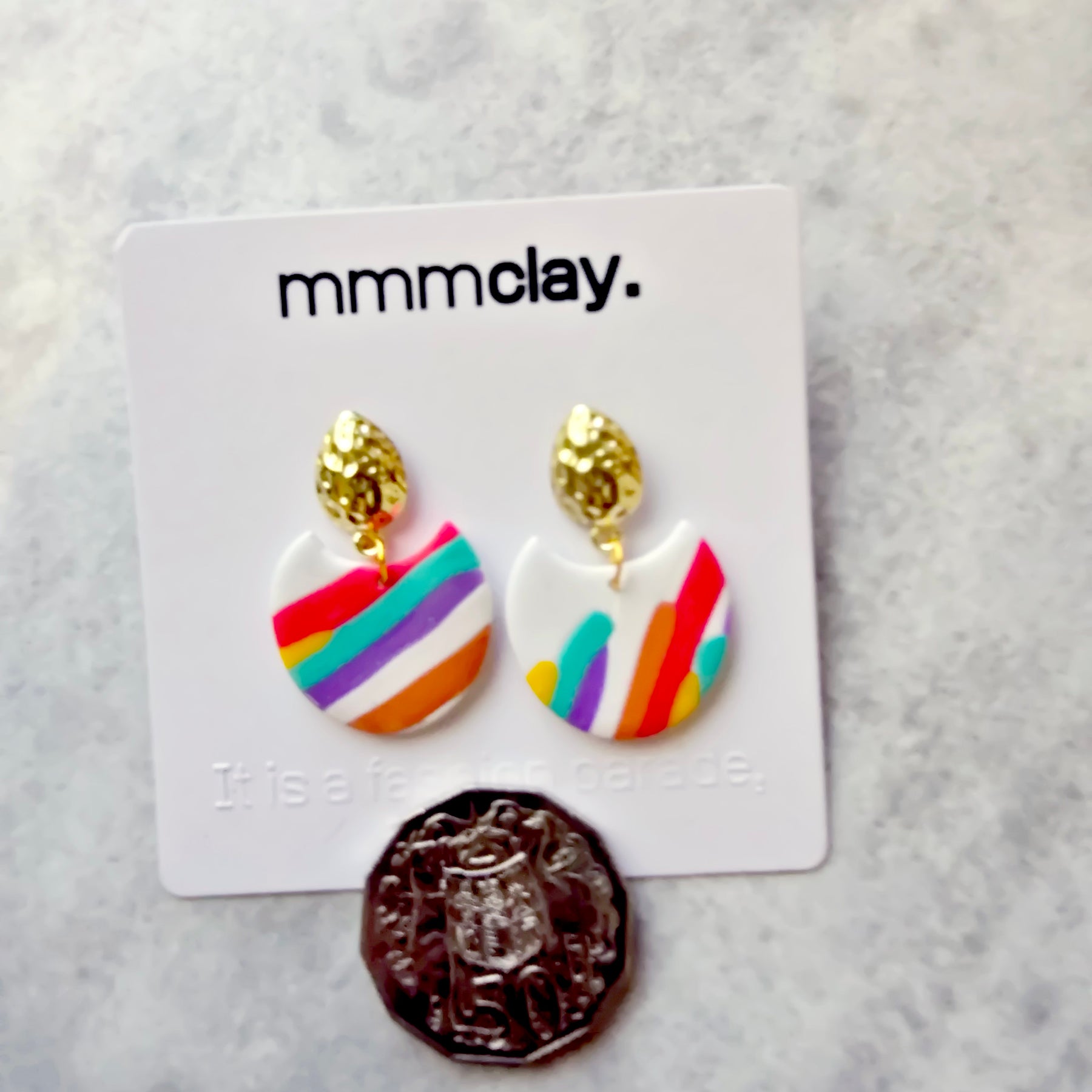 White Rainbow Striped Polymer Clay Drop Earrings