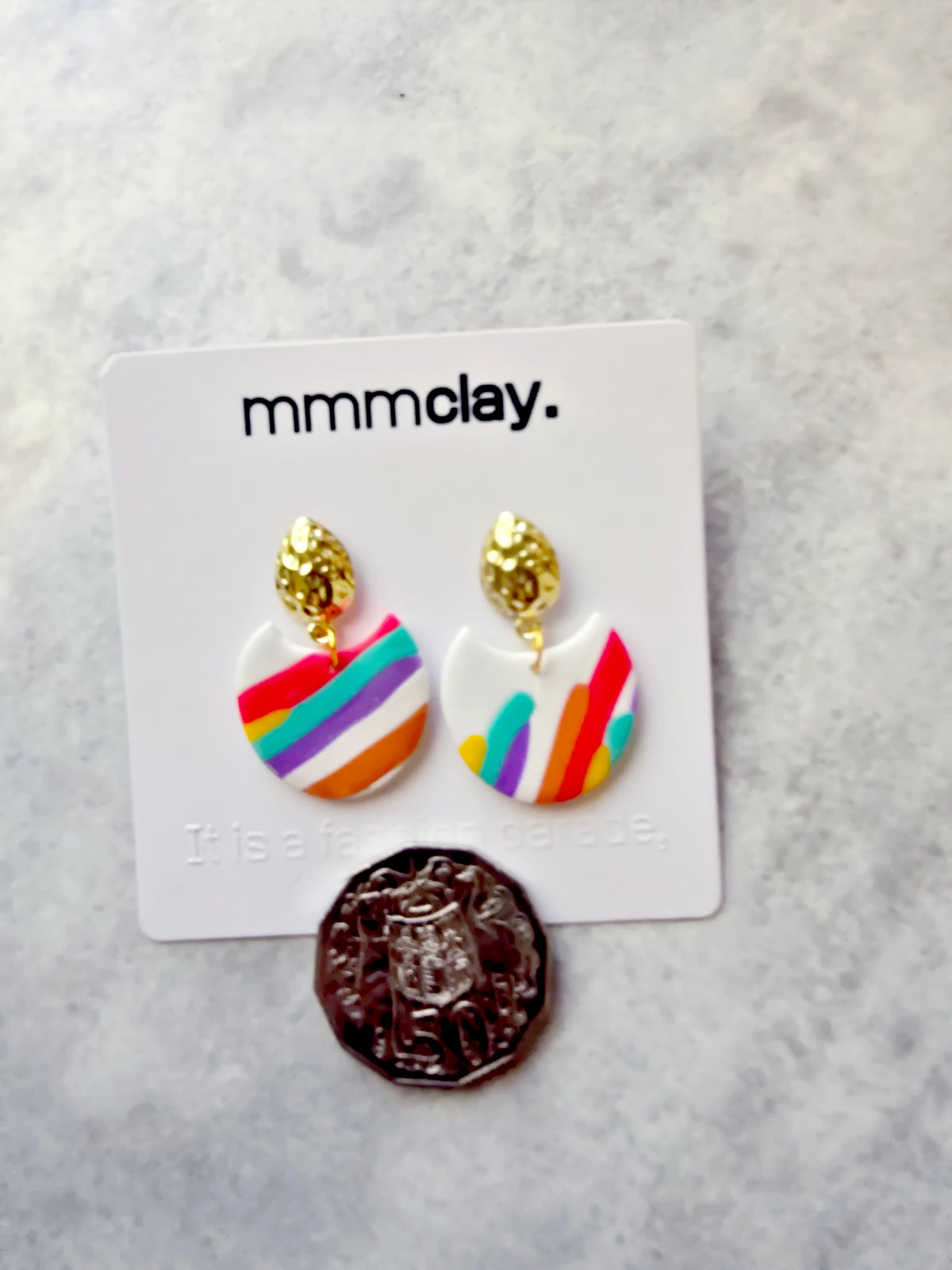 White Rainbow Striped Polymer Clay Drop Earrings